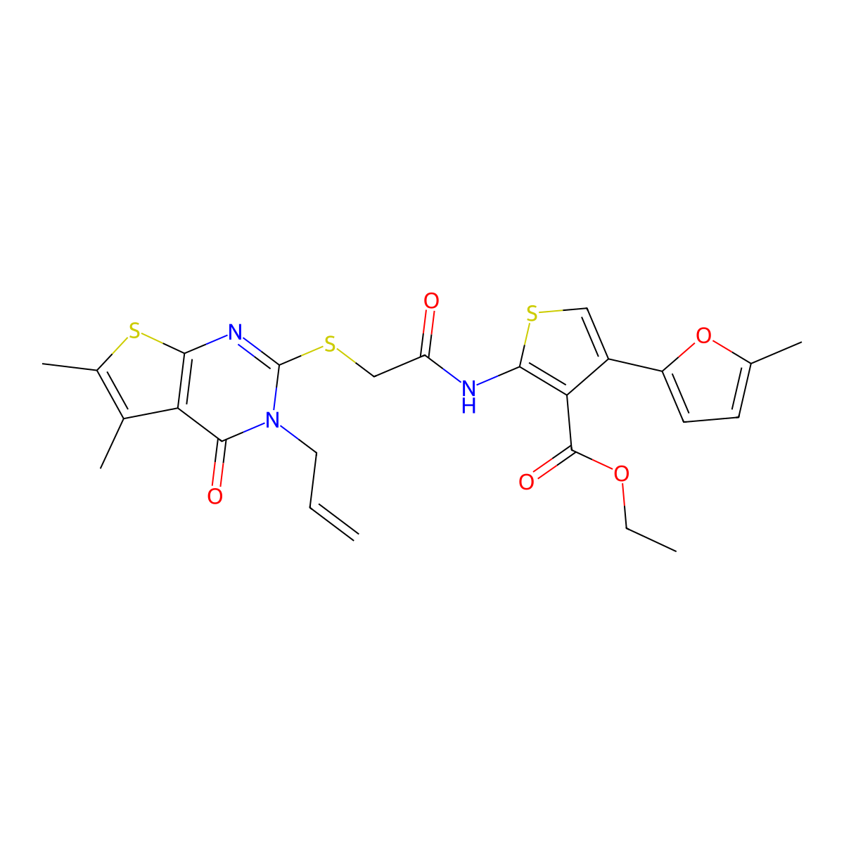 Ethyl 2-[[2-(5,6-dimethyl-4-oxo-3-prop-2-enylthieno[2,3-d]pyrimidin-2-yl)sulfanylacetyl]amino]-4-(5-methylfuran-2-yl)thiophene-3-carboxylate molecular structure, CAS 379236-46-1