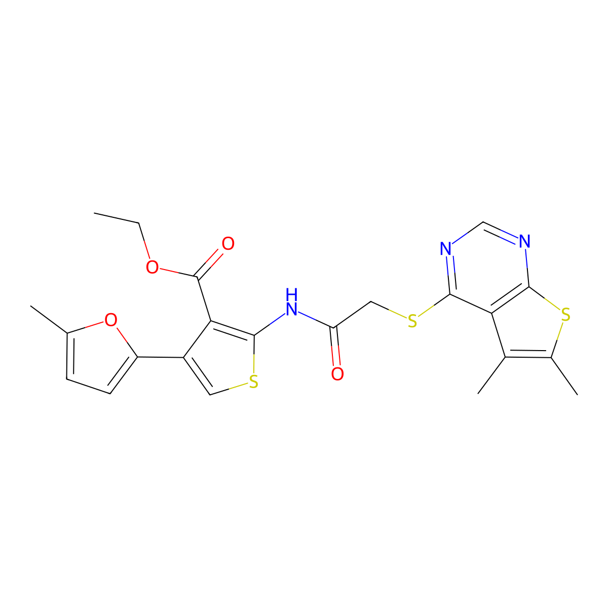 Ethyl 2-(2-((5,6-dimethylthieno[2,3-d]pyrimidin-4-yl)thio)acetamido)-4-(5-methylfuran-2-yl)thiophene-3-carboxylate molecular structure, CAS 379236-49-4