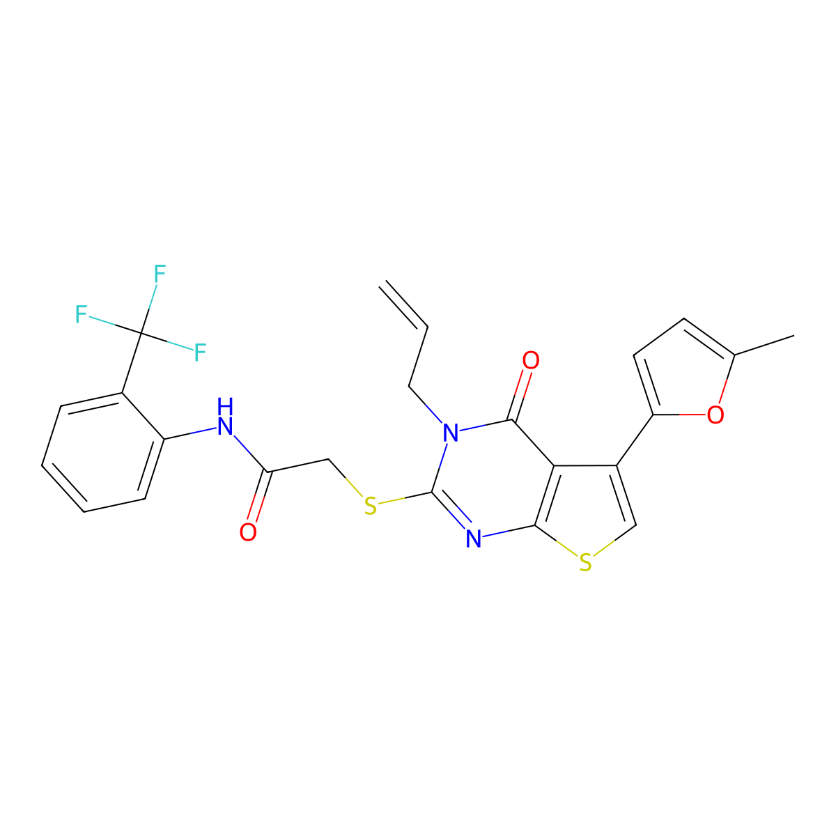 2-[5-(5-methylfuran-2-yl)-4-oxo-3-prop-2-enylthieno[2,3-d]pyrimidin-2-yl]sulfanyl-N-[2-(trifluoromethyl)phenyl]acetamide molecular structure, CAS 379236-50-7