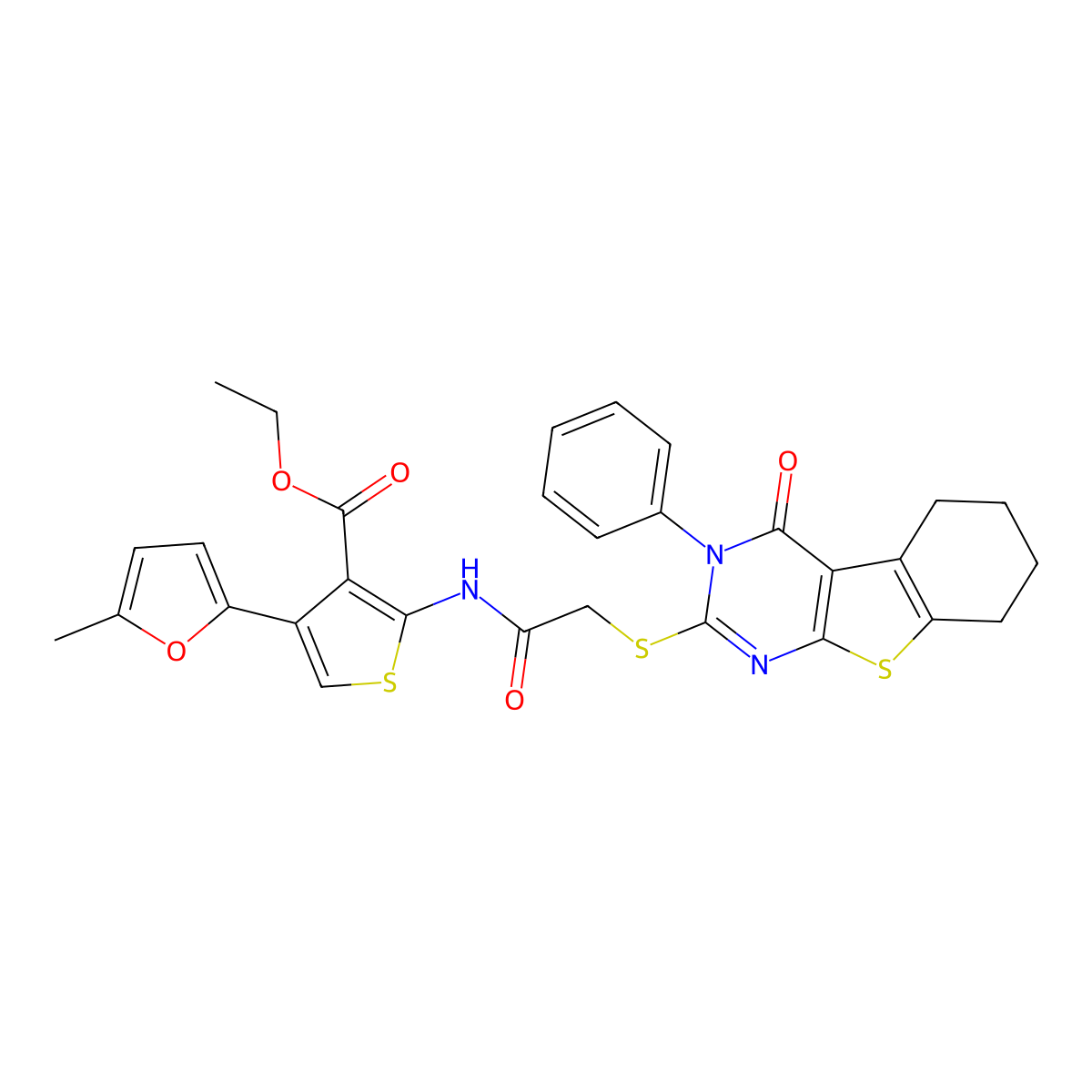 Ethyl 4-(5-methylfuran-2-yl)-2-[[2-[(4-oxo-3-phenyl-5,6,7,8-tetrahydro-[1]benzothiolo[2,3-d]pyrimidin-2-yl)sulfanyl]acetyl]amino]thiophene-3-carboxylate molecular structure, CAS 379236-58-5