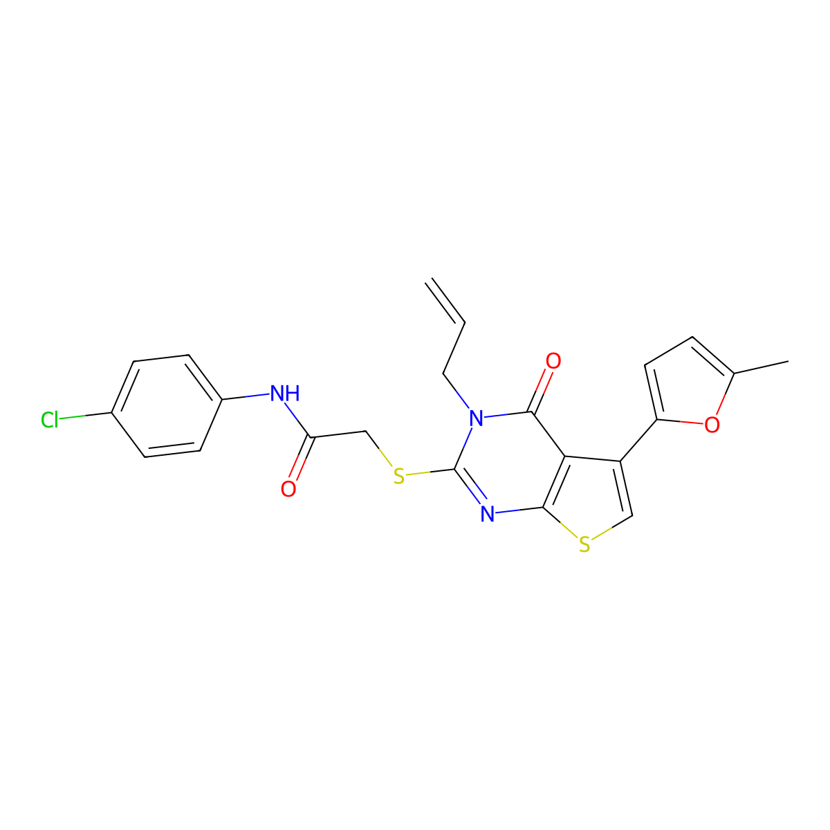 N-(4-chlorophenyl)-2-[5-(5-methylfuran-2-yl)-4-oxo-3-prop-2-enylthieno[2,3-d]pyrimidin-2-yl]sulfanylacetamide molecular structure, CAS 379236-59-6
