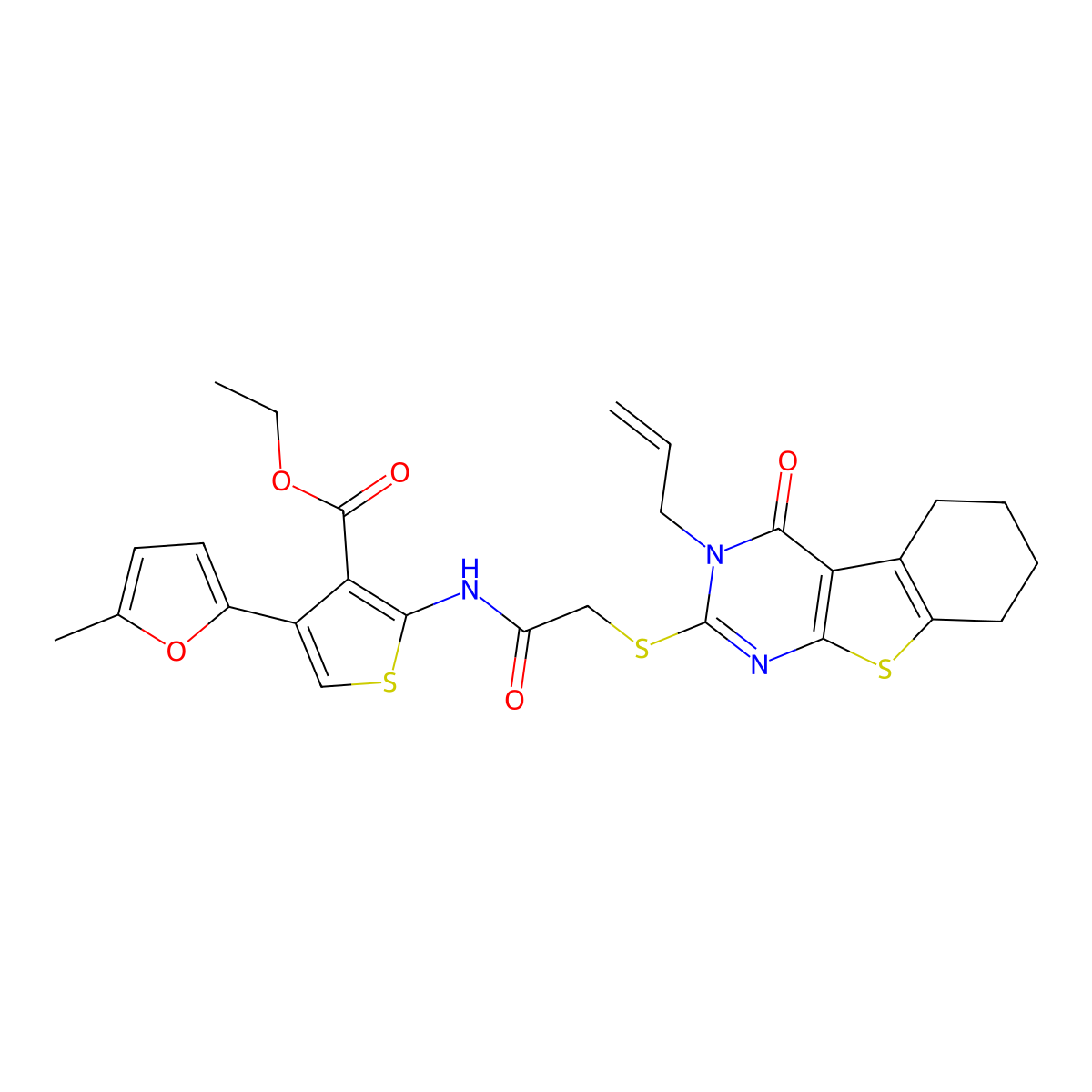Ethyl 4-(5-methylfuran-2-yl)-2-[[2-[(4-oxo-3-prop-2-enyl-5,6,7,8-tetrahydro-[1]benzothiolo[2,3-d]pyrimidin-2-yl)sulfanyl]acetyl]amino]thiophene-3-carboxylate molecular structure, CAS 379236-60-9