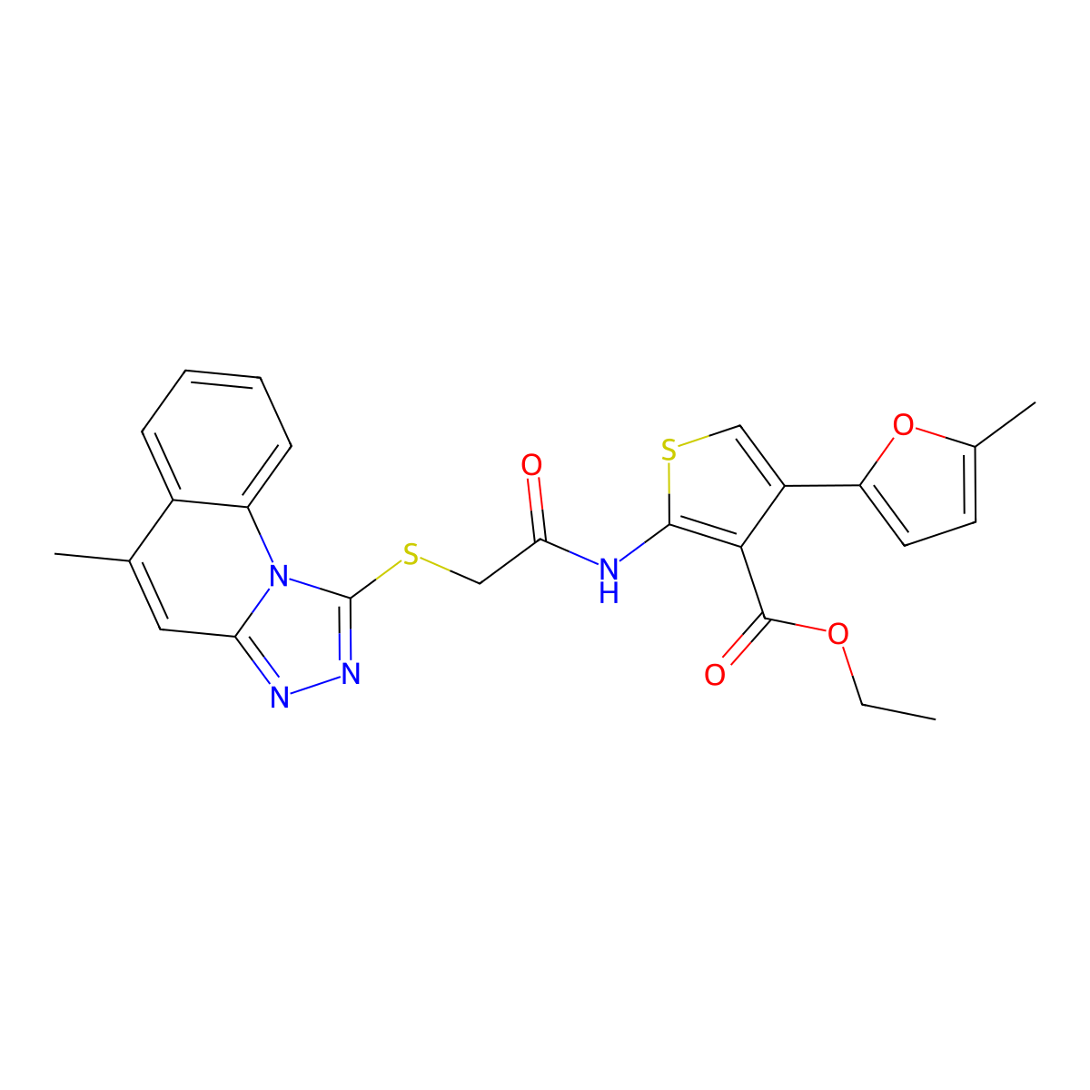 Ethyl 4-(5-methylfuran-2-yl)-2-[[2-[(5-methyl-[1,2,4]triazolo[4,3-a]quinolin-1-yl)sulfanyl]acetyl]amino]thiophene-3-carboxylate molecular structure, CAS 379236-61-0