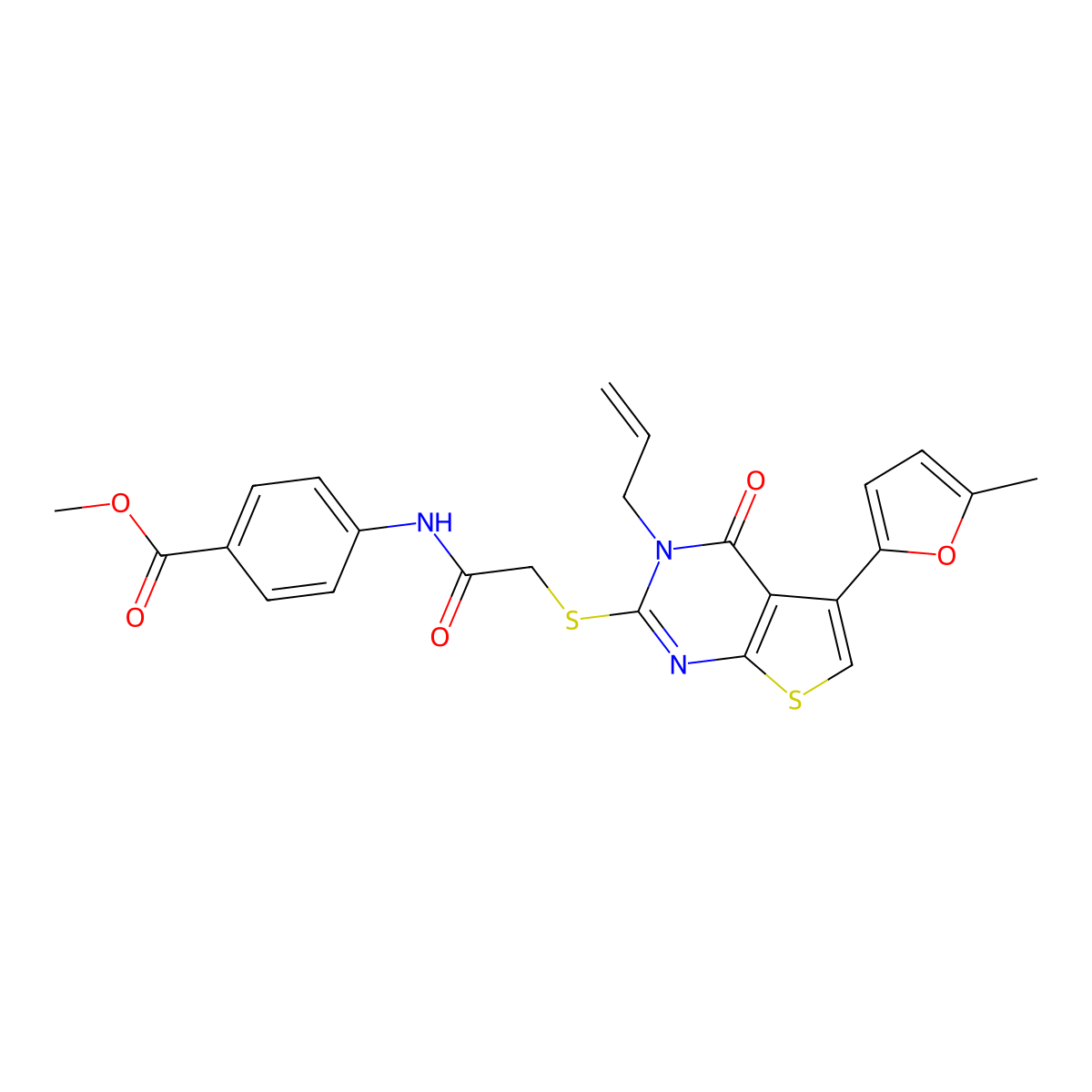 Methyl 4-[[2-[5-(5-methylfuran-2-yl)-4-oxo-3-prop-2-enylthieno[2,3-d]pyrimidin-2-yl]sulfanylacetyl]amino]benzoate molecular structure, CAS 379236-63-2