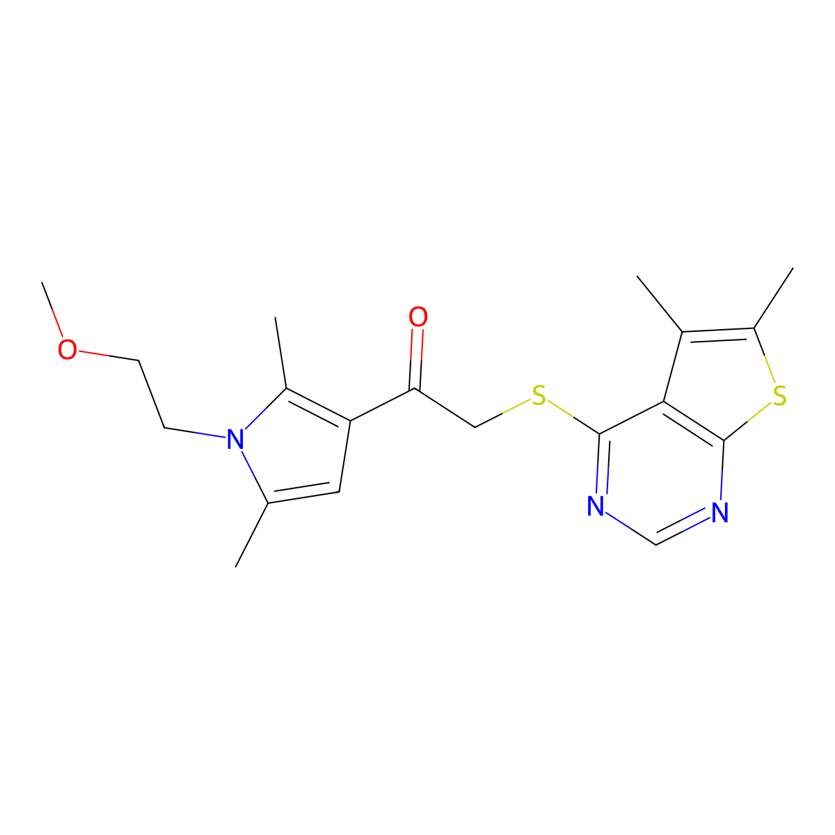 2-((5,6-dimethylthieno[2,3-d]pyrimidin-4-yl)thio)-1-(1-(2-methoxyethyl)-2,5-dimethyl-1H-pyrrol-3-yl)ethanone molecular structure, CAS 379236-67-6