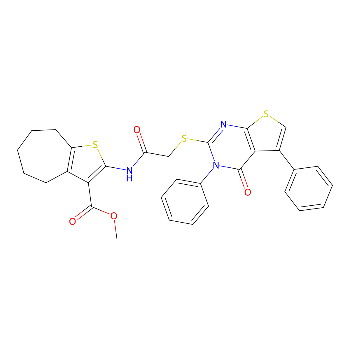 methyl 2-[[2-(4-oxo-3,5-diphenylthieno[2,3-d]pyrimidin-2-yl)sulfanylacetyl]amino]-5,6,7,8-tetrahydro-4H-cyclohepta[b]thiophene-3-carboxylate molecular structure, CAS 379236-74-5
