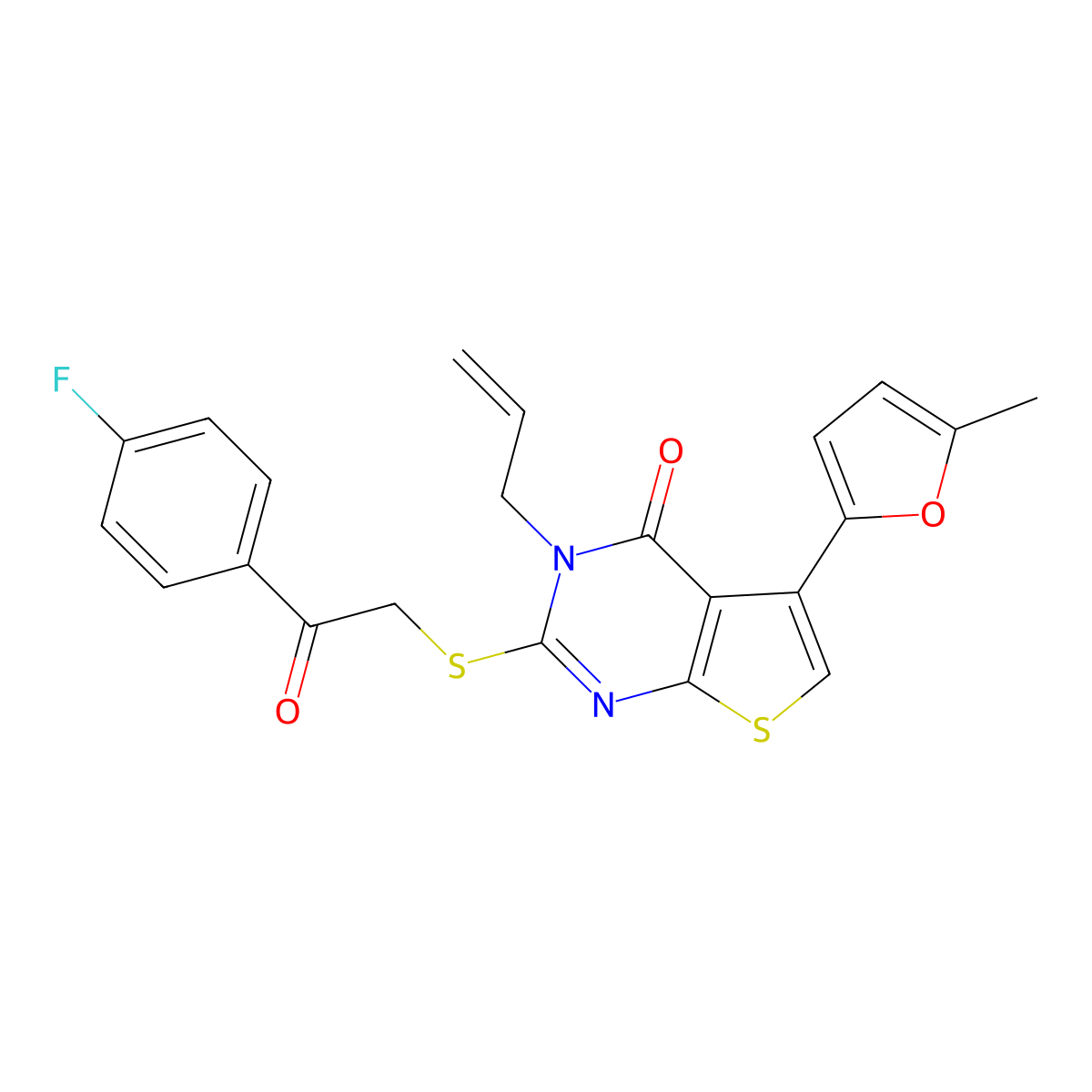 2-[2-(4-Fluorophenyl)-2-oxoethyl]sulfanyl-5-(5-methylfuran-2-yl)-3-prop-2-enylthieno[2,3-d]pyrimidin-4-one molecular structure, CAS 379236-75-6