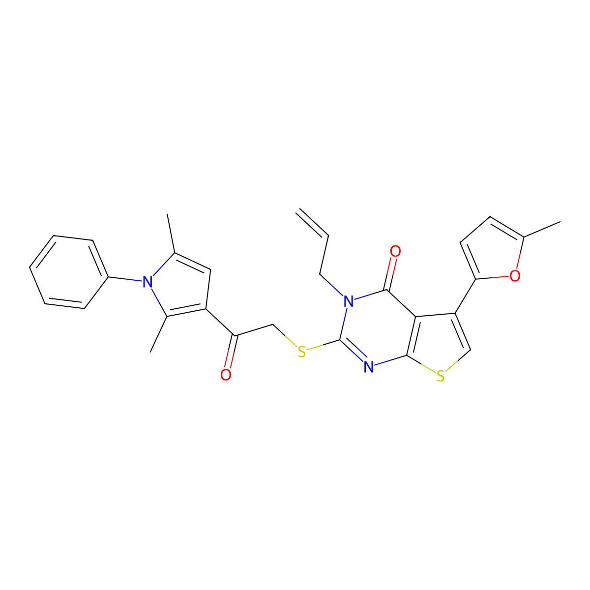 2-[2-(2,5-Dimethyl-1-phenylpyrrol-3-yl)-2-oxoethyl]sulfanyl-5-(5-methylfuran-2-yl)-3-prop-2-enylthieno[2,3-d]pyrimidin-4-one molecular structure, CAS 379236-77-8