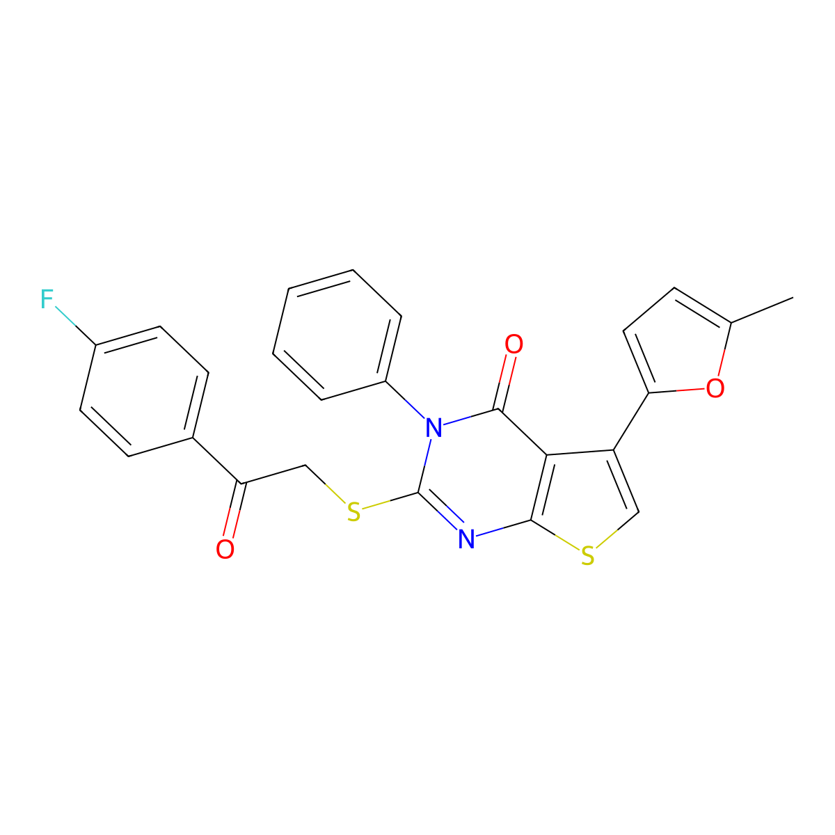 2-[2-(4-Fluorophenyl)-2-oxoethyl]sulfanyl-5-(5-methylfuran-2-yl)-3-phenylthieno[2,3-d]pyrimidin-4-one molecular structure, CAS 379236-82-5