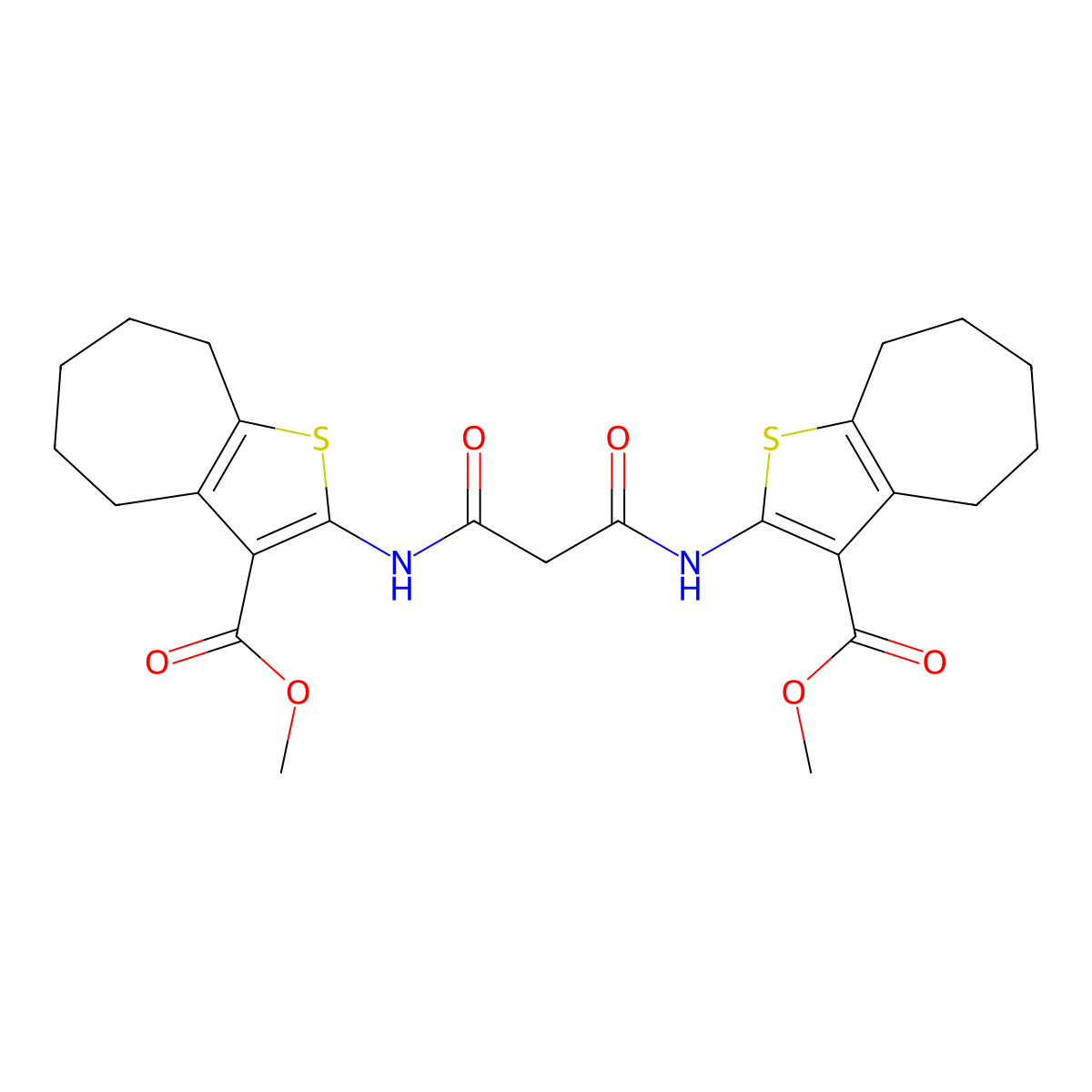 methyl 2-[[3-[(3-methoxycarbonyl-5,6,7,8-tetrahydro-4H-cyclohepta[b]thiophen-2-yl)amino]-3-oxopropanoyl]amino]-5,6,7,8-tetrahydro-4H-cyclohepta[b]thiophene-3-carboxylate molecular structure, CAS 379236-89-2