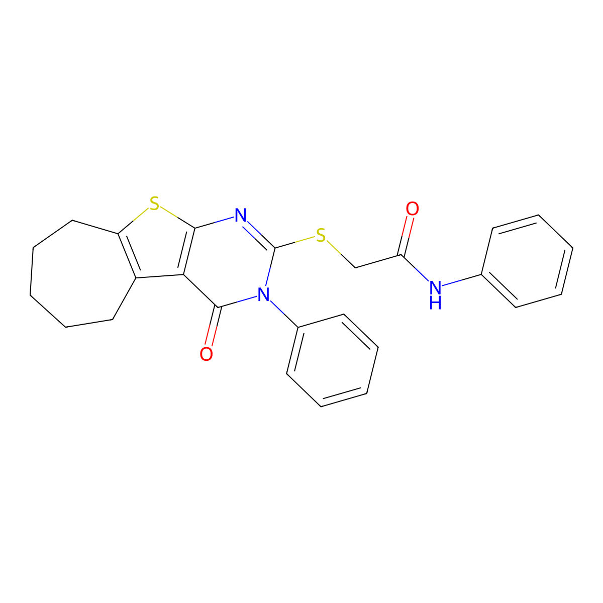 2-((4-oxo-3-phenyl-4,5,6,7,8,9-hexahydro-3H-cyclohepta[4,5]thieno[2,3-d]pyrimidin-2-yl)thio)-N-phenylacetamide molecular structure, CAS 379236-90-5