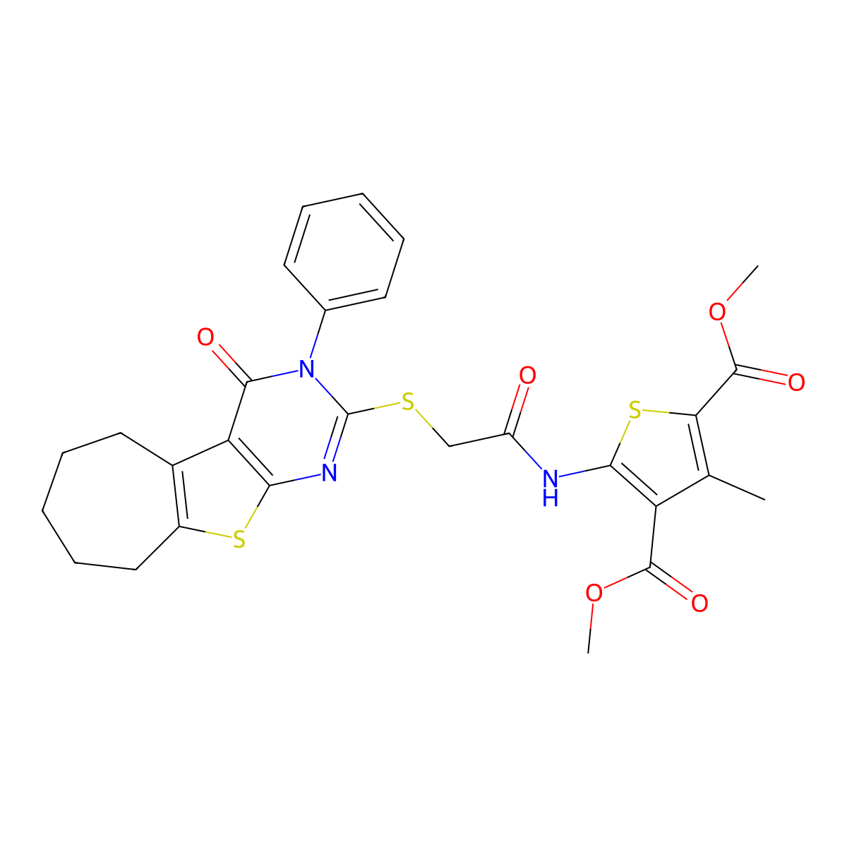 2,4-Dimethyl 3-methyl-5-[2-({3-oxo-4-phenyl-8-thia-4,6-diazatricyclo[7.5.0.0^{2,7}]tetradeca-1(9),2(7),5-trien-5-yl}sulfanyl)acetamido]thiophene-2,4-dicarboxylate molecular structure, CAS 379236-91-6