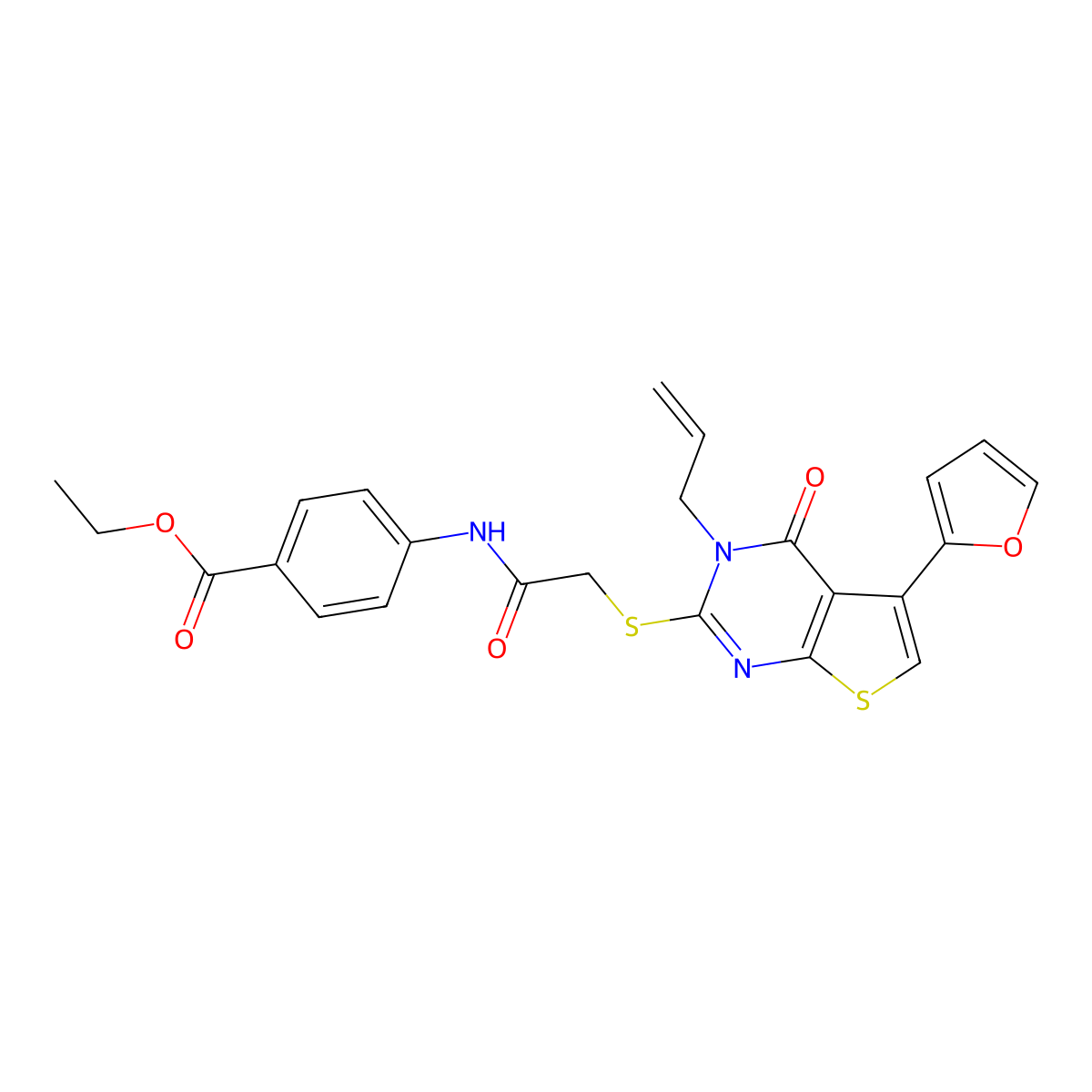 Ethyl 4-[({[3-allyl-5-(2-furyl)-4-oxo-3,4-dihydrothieno[2,3-d]pyrimidin-2-yl]sulfanyl}acetyl)amino]benzoate molecular structure, CAS 379236-94-9