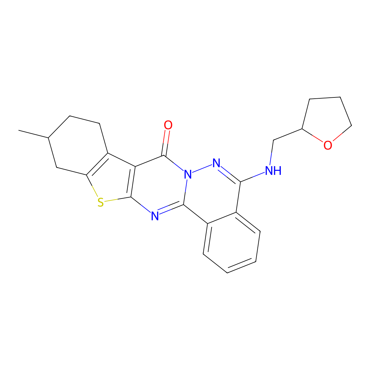 7-Methyl-20-{[(oxolan-2-yl)methyl]amino}-10-thia-1,12,21-triazapentacyclo[11.8.0.0^{3,11}.0^{4,9}.0^{14,19}]henicosa-3(11),4(9),12,14(19),15,17,20-heptaen-2-one molecular structure, CAS 379237-24-8