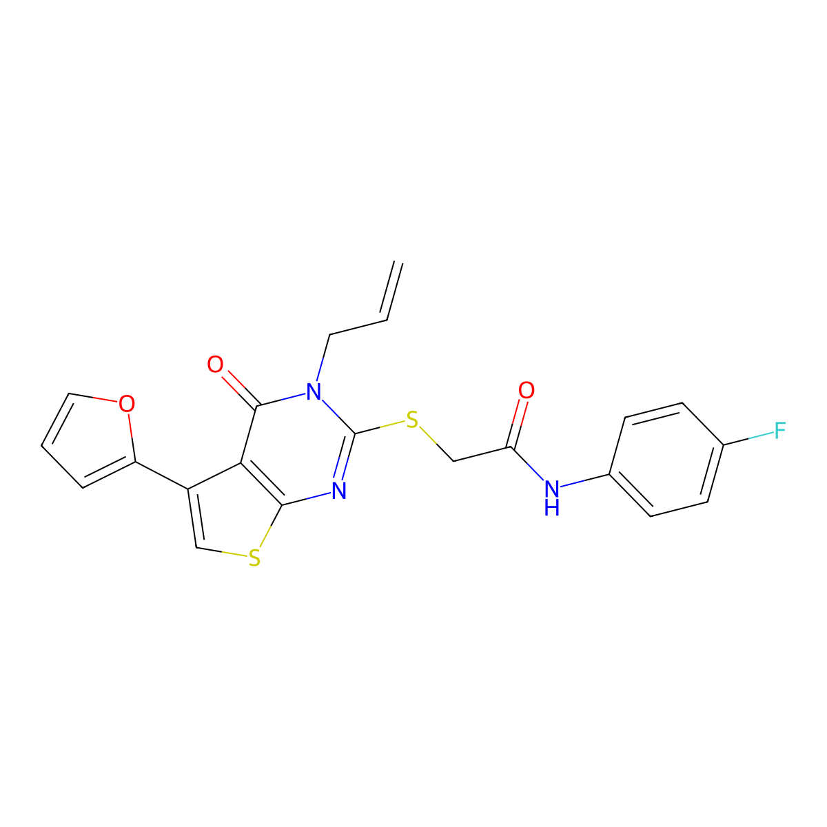 N-(4-fluorophenyl)-2-{[5-(furan-2-yl)-4-oxo-3-(prop-2-en-1-yl)-3H,4H-thieno[2,3-d]pyrimidin-2-yl]sulfanyl}acetamide molecular structure, CAS 379237-25-9