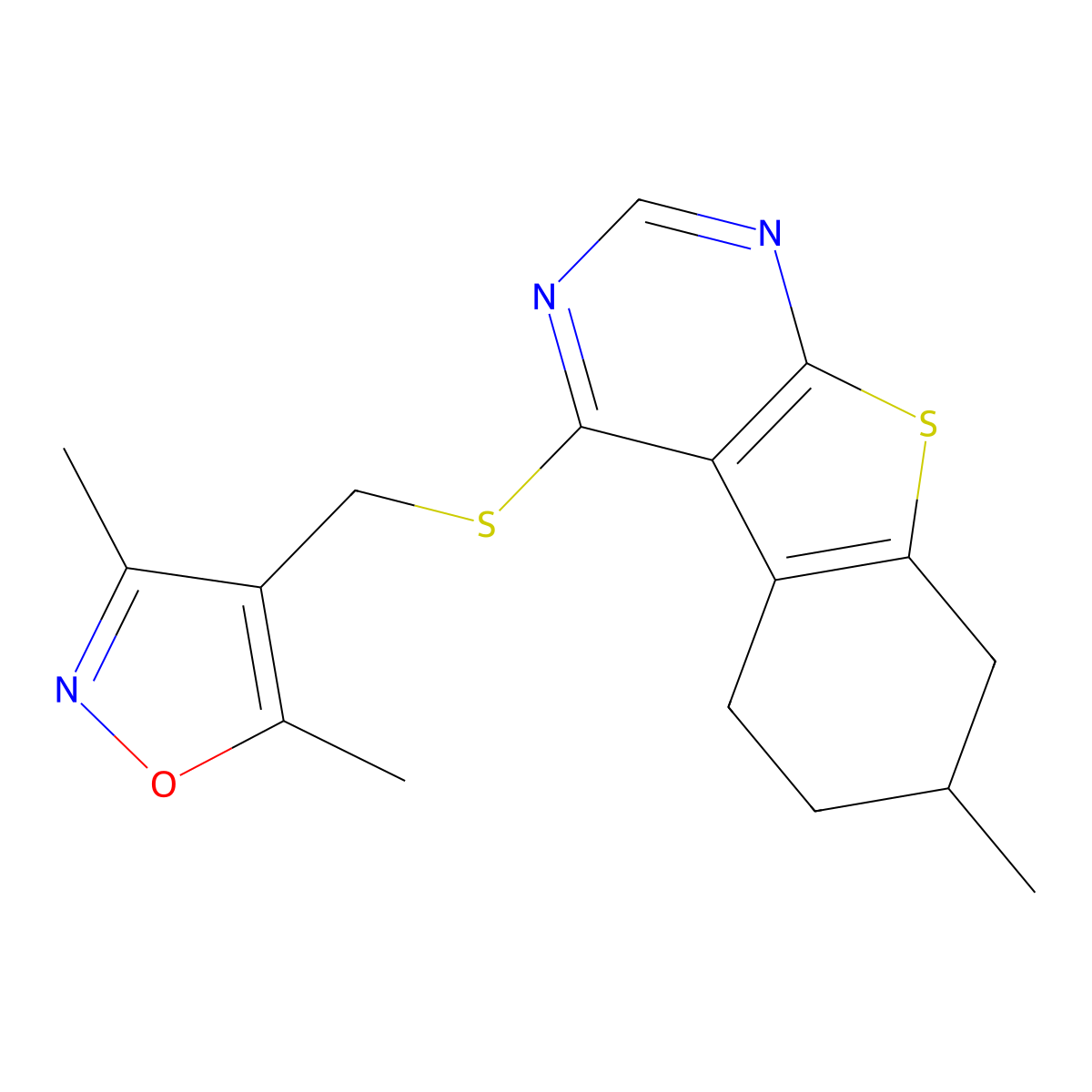 4-{[(3,5-Dimethyl-1,2-oxazol-4-yl)methyl]sulfanyl}-7-methyl-5,6,7,8-tetrahydro[1]benzothieno[2,3-d]pyrimidine molecular structure, CAS 379237-54-4