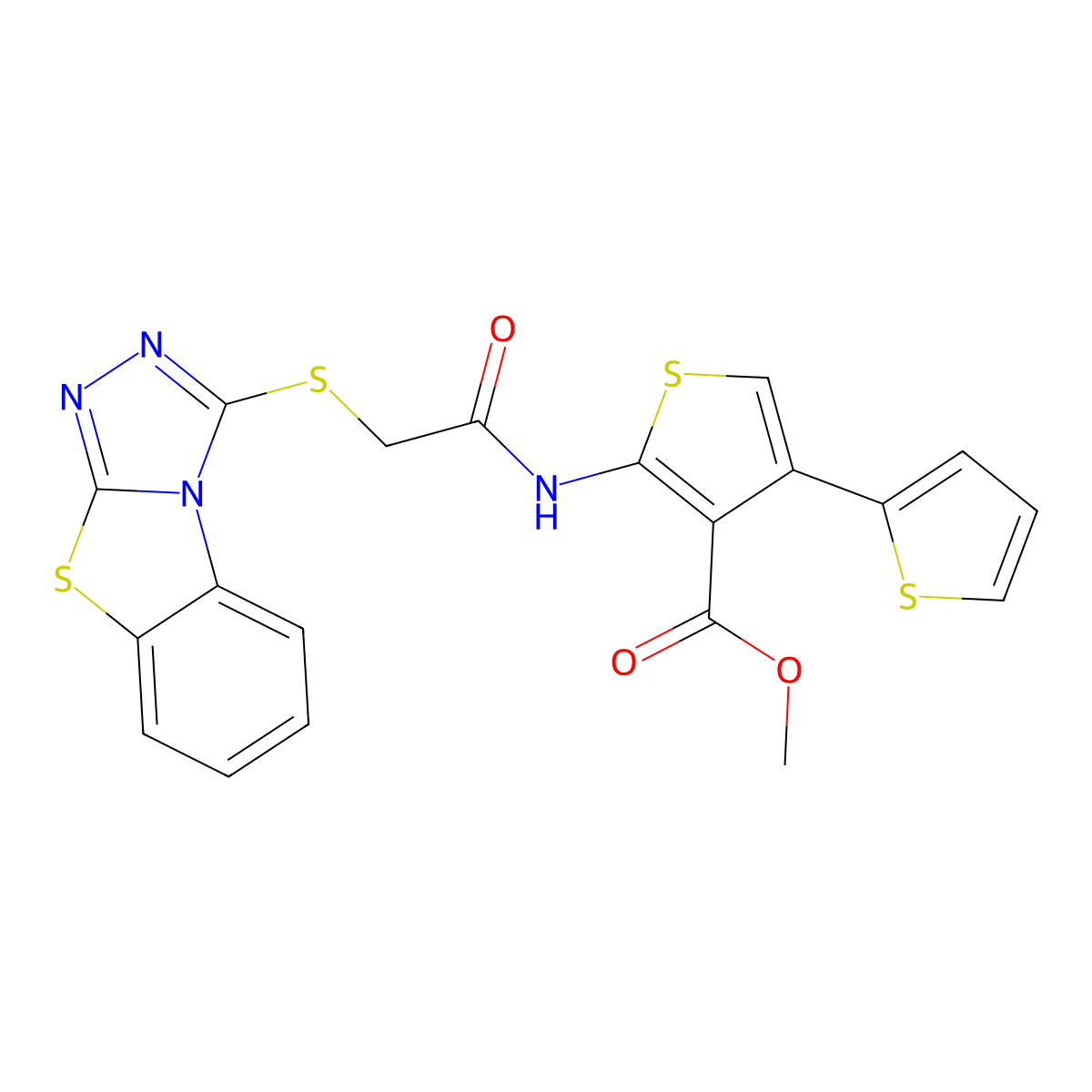 Methyl 2-(2-(4-hydro-1,2,4-triazolo[3,4-b]benzothiazol-3-ylthio)acetylamino)-4-(2-thienyl)thiophene-3-carboxylate molecular structure, CAS 379238-05-8
