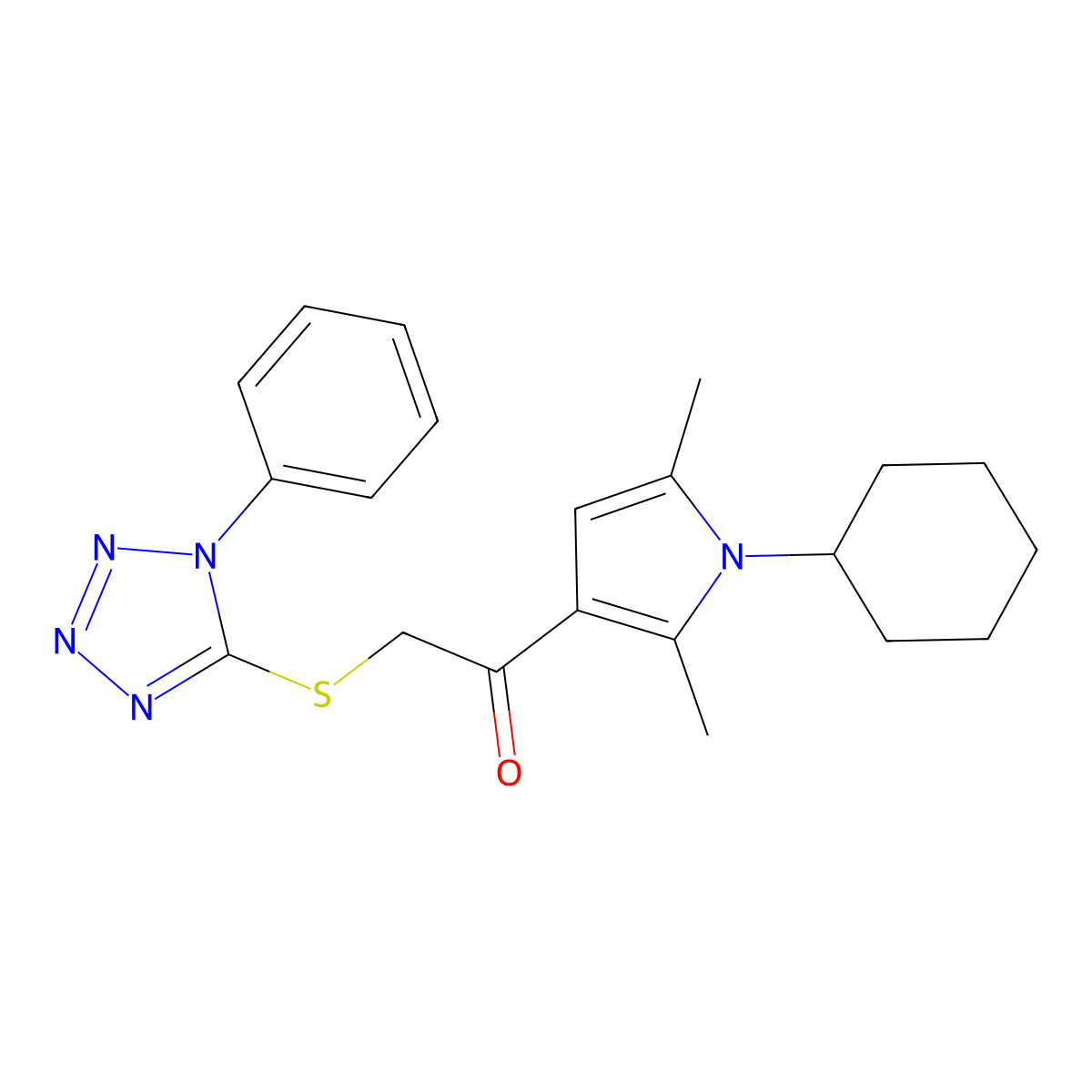 1-(1-cyclohexyl-2,5-dimethyl-1H-pyrrol-3-yl)-2-[(1-phenyl-1H-1,2,3,4-tetrazol-5-yl)sulfanyl]ethan-1-one molecular structure, CAS 379238-22-9