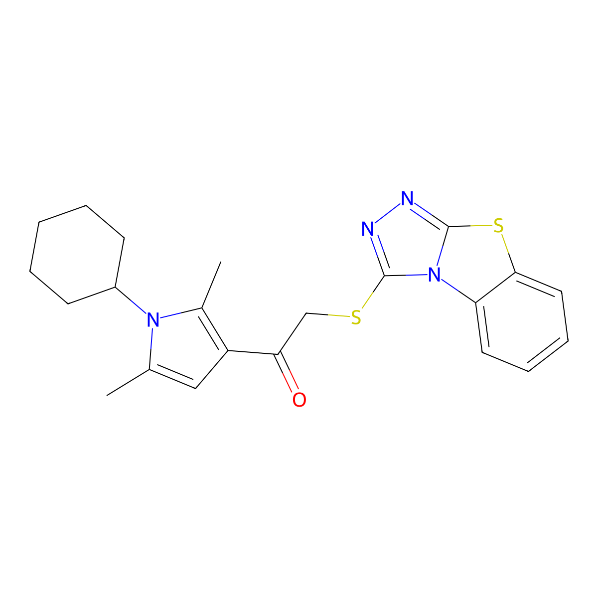 2-(benzo[4,5]thiazolo[2,3-c][1,2,4]triazol-3-ylthio)-1-(1-cyclohexyl-2,5-dimethyl-1H-pyrrol-3-yl)ethanone molecular structure, CAS 379238-23-0