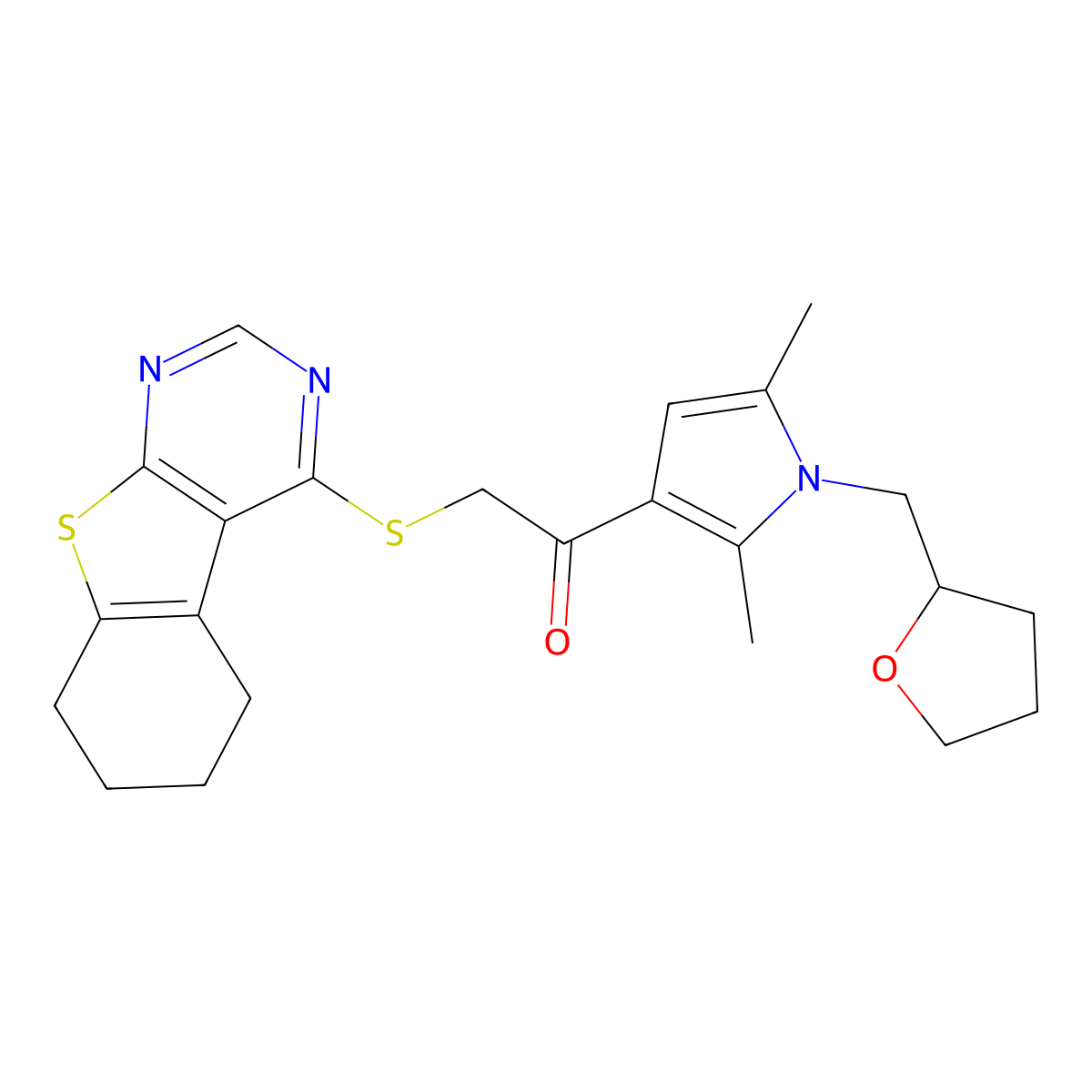 1-[2,5-dimethyl-1-(tetrahydrofuran-2-ylmethyl)-1H-pyrrol-3-yl]-2-(5,6,7,8-tetrahydro[1]benzothieno[2,3-d]pyrimidin-4-ylsulfanyl)ethanone molecular structure, CAS 379238-39-8