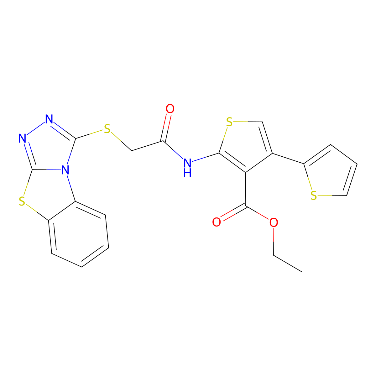 Ethyl 4-thiophen-2-yl-2-[[2-([1,2,4]triazolo[3,4-b][1,3]benzothiazol-1-ylsulfanyl)acetyl]amino]thiophene-3-carboxylate molecular structure, CAS 379238-42-3