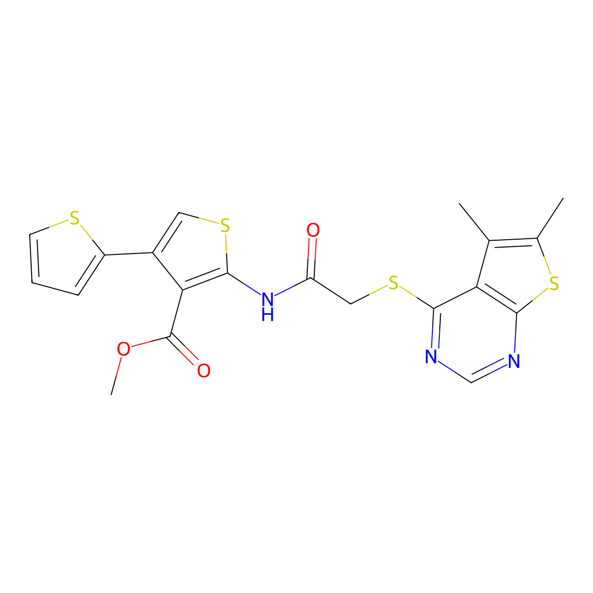 Methyl 2-[[2-(5,6-dimethylthieno[2,3-d]pyrimidin-4-yl)sulfanylacetyl]amino]-4-thiophen-2-ylthiophene-3-carboxylate molecular structure, CAS 379238-43-4