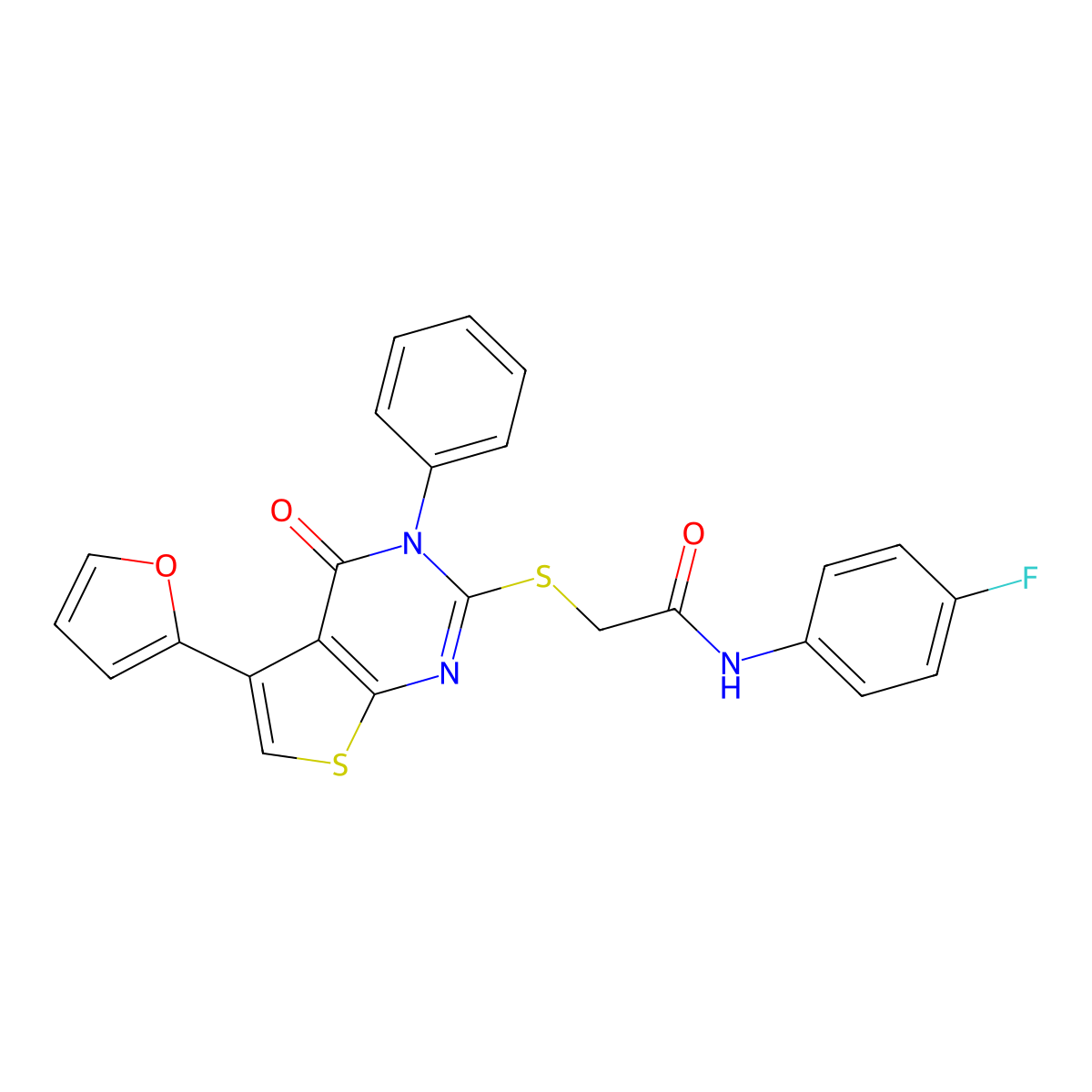 N-(4-fluorophenyl)-2-{[5-(furan-2-yl)-4-oxo-3-phenyl-3,4-dihydrothieno[2,3-d]pyrimidin-2-yl]sulfanyl}acetamide molecular structure, CAS 379238-67-2