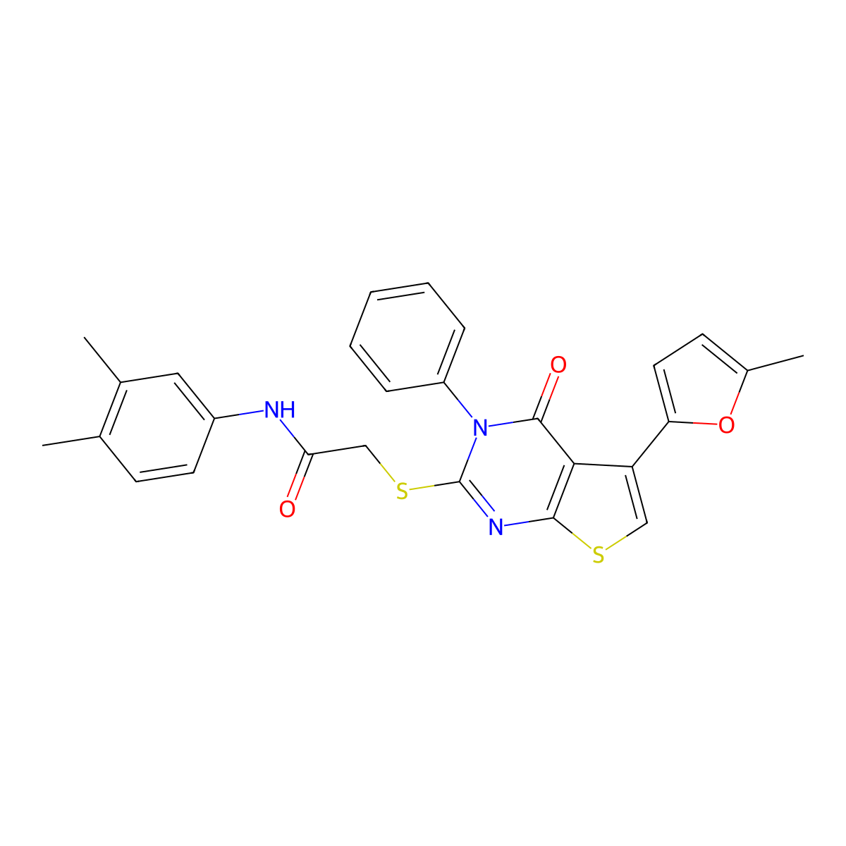 N-(3,4-dimethylphenyl)-2-[5-(5-methylfuran-2-yl)-4-oxo-3-phenylthieno[2,3-d]pyrimidin-2-yl]sulfanylacetamide molecular structure, CAS 379239-11-9