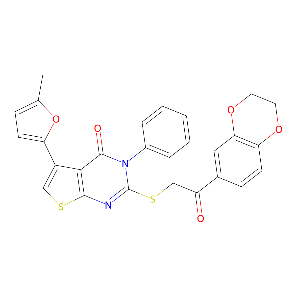 2-[2-(2,3-Dihydro-1,4-benzodioxin-6-yl)-2-oxoethyl]sulfanyl-5-(5-methylfuran-2-yl)-3-phenylthieno[2,3-d]pyrimidin-4-one molecular structure, CAS 379239-12-0