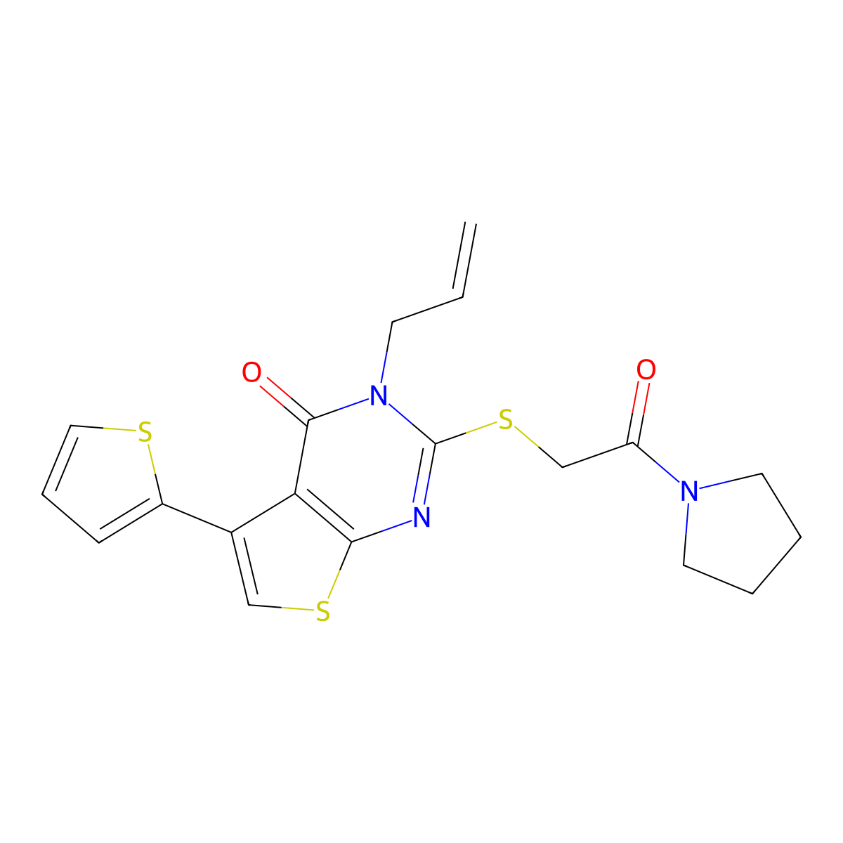 2-(2-Oxo-2-pyrrolidin-1-ylethyl)sulfanyl-3-prop-2-enyl-5-thiophen-2-ylthieno[2,3-d]pyrimidin-4-one molecular structure, CAS 379239-15-3