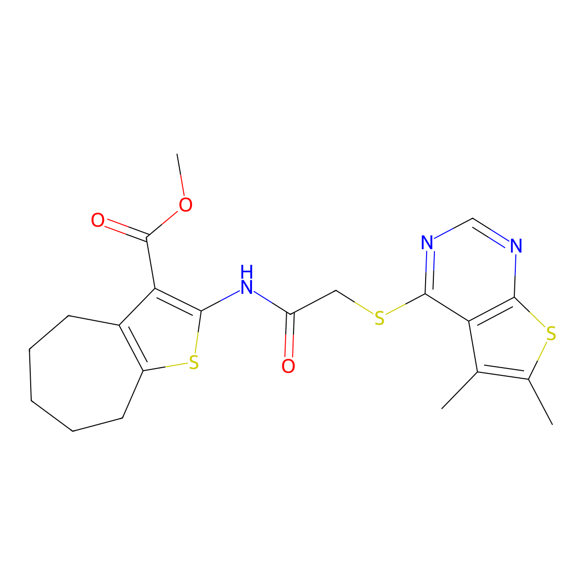 methyl 2-(2-((5,6-dimethylthieno[2,3-d]pyrimidin-4-yl)thio)acetamido)-5,6,7,8-tetrahydro-4H-cyclohepta[b]thiophene-3-carboxylate molecular structure, CAS 379239-20-0