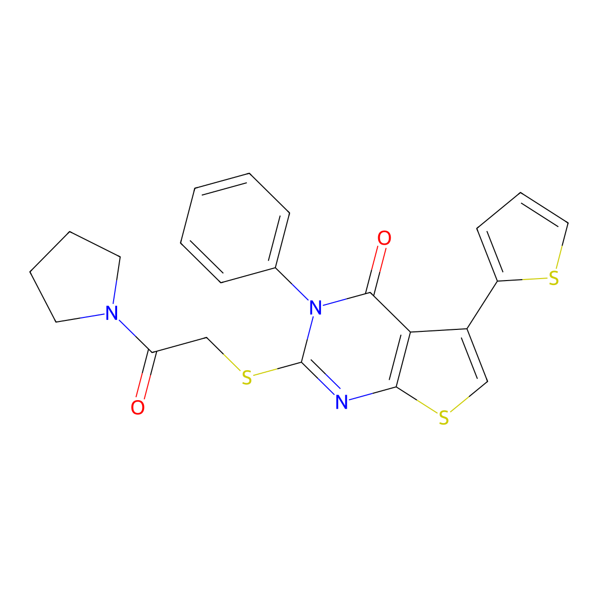 2-{[2-oxo-2-(pyrrolidin-1-yl)ethyl]sulfanyl}-3-phenyl-5-(thiophen-2-yl)-3H,4H-thieno[2,3-d]pyrimidin-4-one molecular structure, CAS 379239-21-1