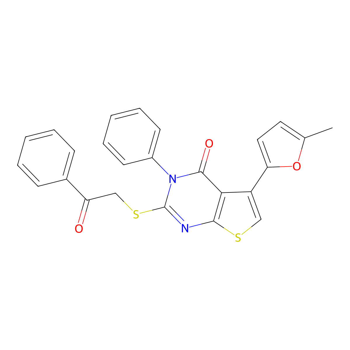 5-(5-methylfuran-2-yl)-2-((2-oxo-2-phenylethyl)thio)-3-phenylthieno[2,3-d]pyrimidin-4(3H)-one molecular structure, CAS 379239-23-3