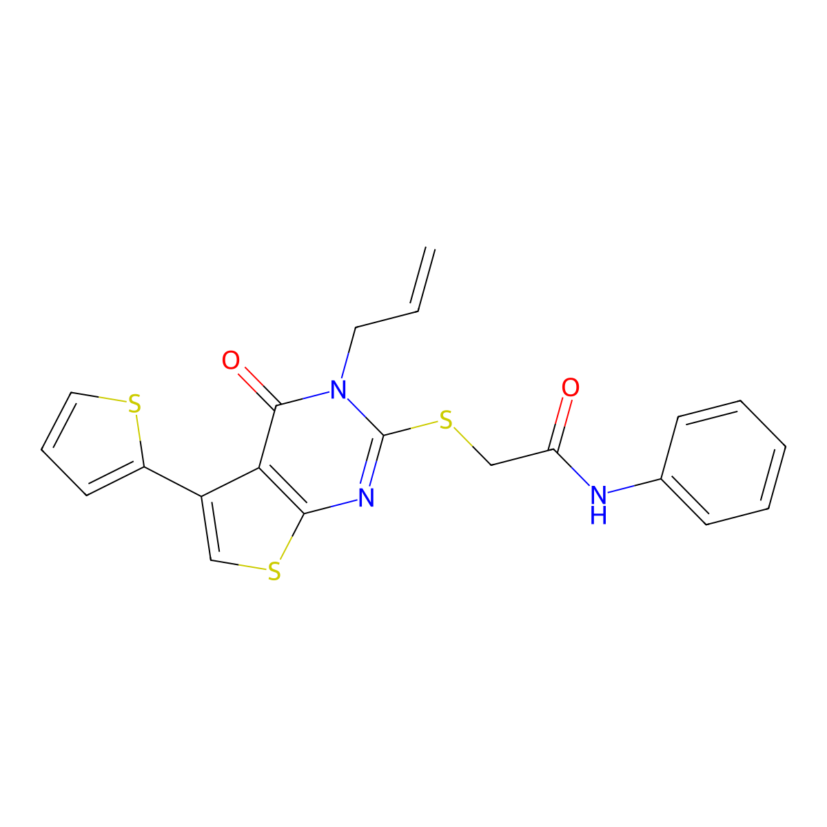 2-(4-oxo-3-prop-2-enyl-5-(2-thienyl)(3-hydrothiopheno[2,3-d]pyrimidin-2-ylthio))-N-phenylacetamide molecular structure, CAS 379239-25-5