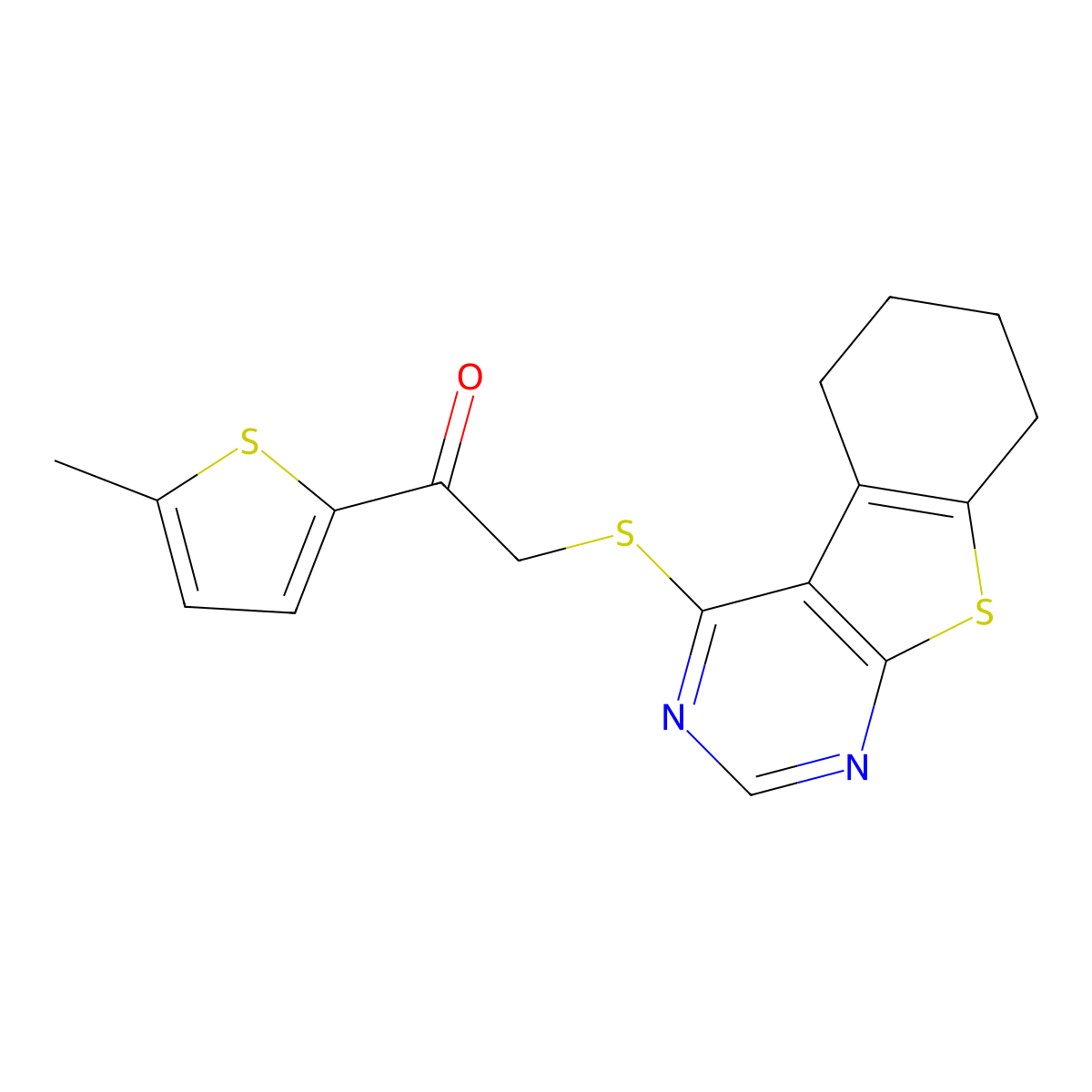 1-(5-Methylthiophen-2-yl)-2-(5,6,7,8-tetrahydro-[1]benzothiolo[2,3-d]pyrimidin-4-ylsulfanyl)ethanone molecular structure, CAS 379239-28-8