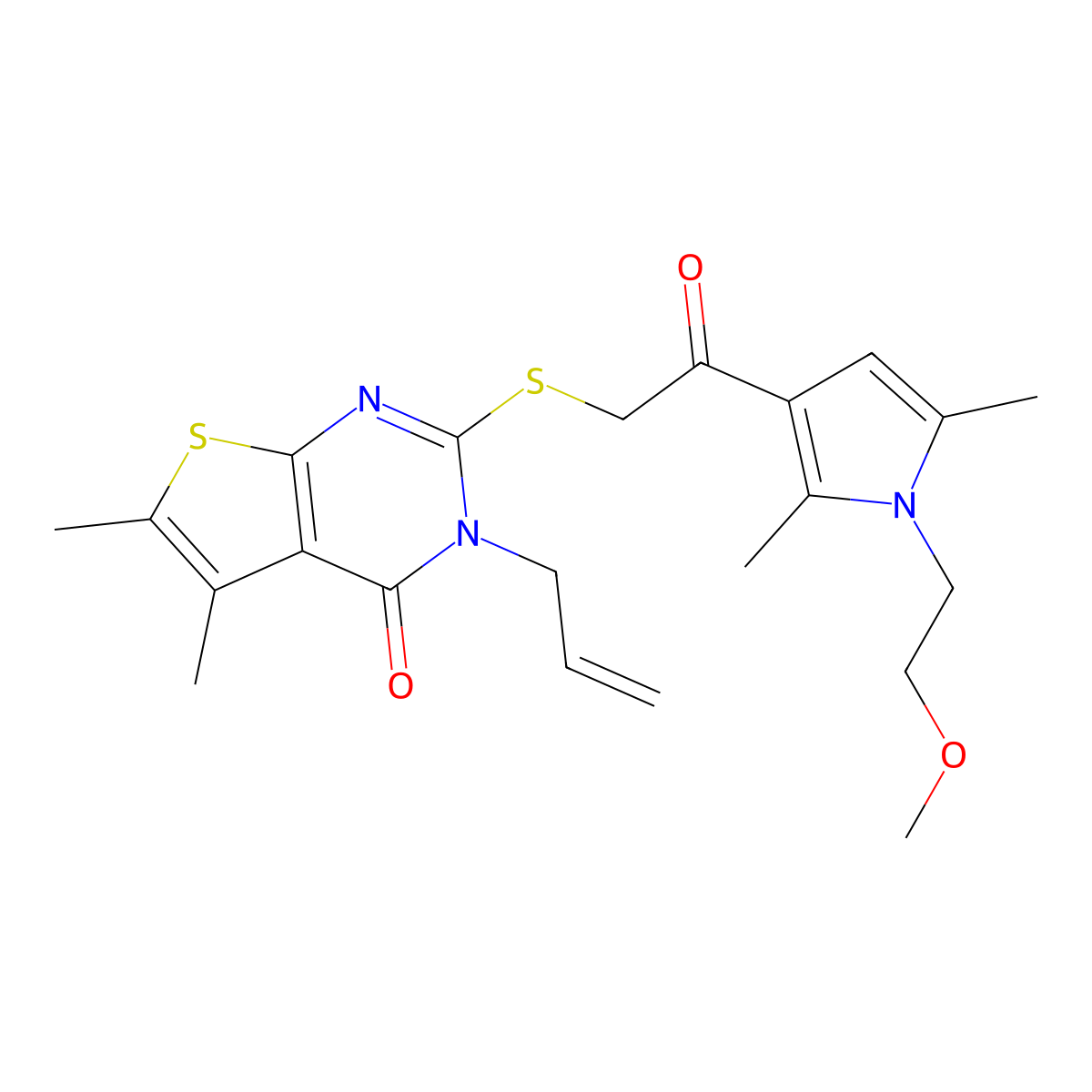 3-allyl-2-((2-(1-(2-methoxyethyl)-2,5-dimethyl-1H-pyrrol-3-yl)-2-oxoethyl)thio)-5,6-dimethylthieno[2,3-d]pyrimidin-4(3H)-one molecular structure, CAS 379239-29-9