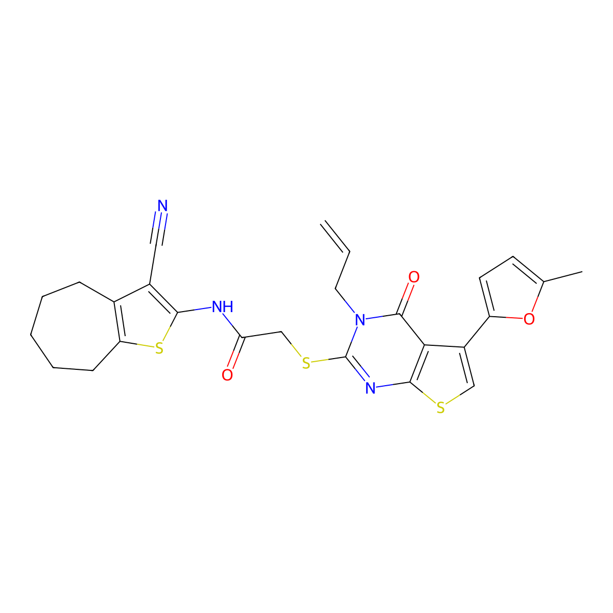 N-(3-cyano-5,6,7,8-tetrahydro-4H-cyclohepta[b]thiophen-2-yl)-2-[5-(5-methylfuran-2-yl)-4-oxo-3-prop-2-enylthieno[2,3-d]pyrimidin-2-yl]sulfanylacetamide molecular structure, CAS 379239-39-1