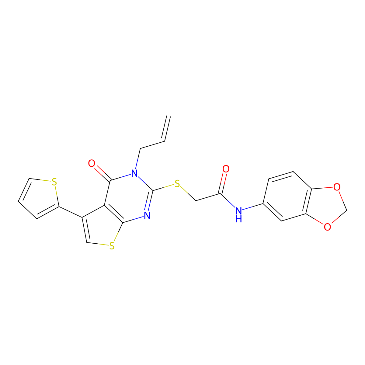 N-(1,3-benzodioxol-5-yl)-2-(4-oxo-3-prop-2-enyl-5-thiophen-2-ylthieno[2,3-d]pyrimidin-2-yl)sulfanylacetamide molecular structure, CAS 379239-41-5