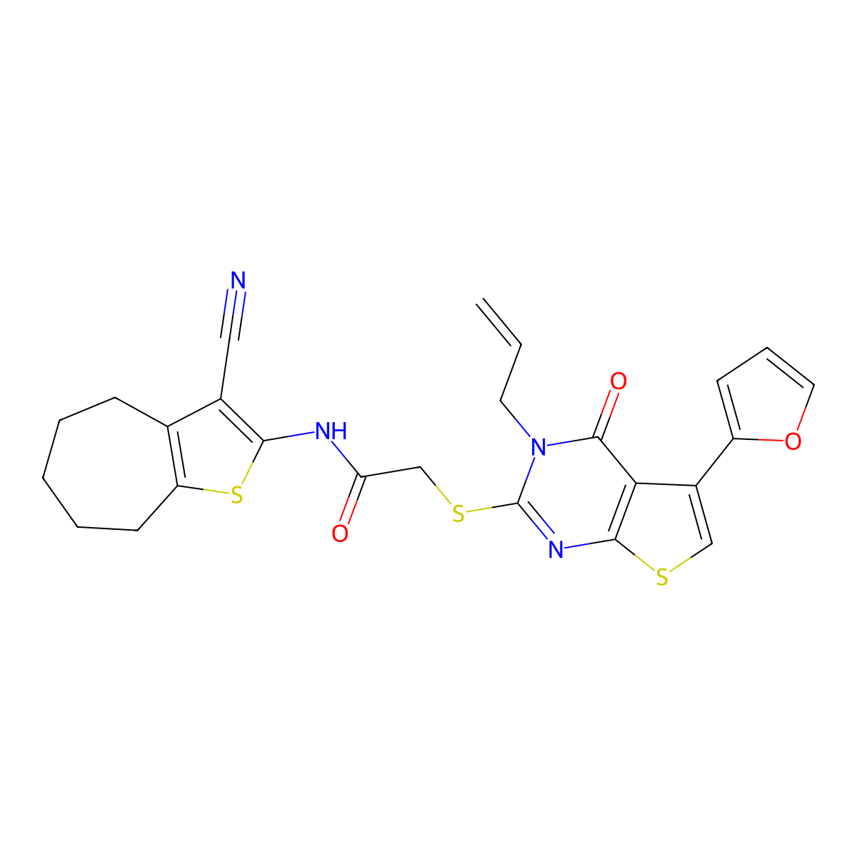 N-(3-cyano-5,6,7,8-tetrahydro-4H-cyclohepta[b]thiophen-2-yl)-2-[5-(furan-2-yl)-4-oxo-3-prop-2-enylthieno[2,3-d]pyrimidin-2-yl]sulfanylacetamide molecular structure, CAS 379239-47-1