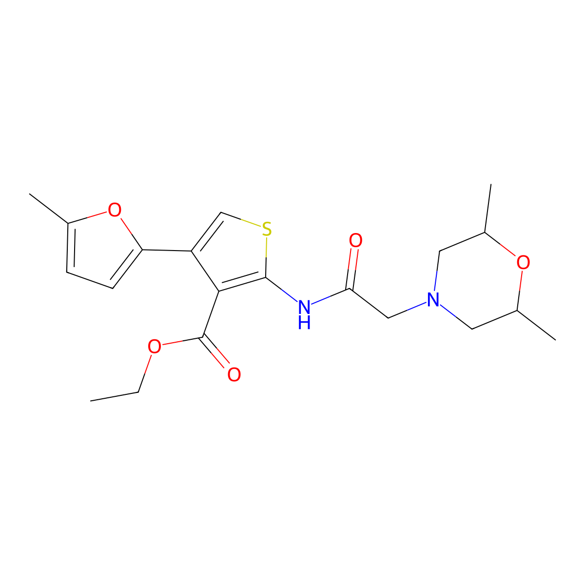 Ethyl 2-[2-(2,6-dimethylmorpholin-4-yl)acetamido]-4-(5-methylfuran-2-yl)thiophene-3-carboxylate molecular structure, CAS 379239-51-7