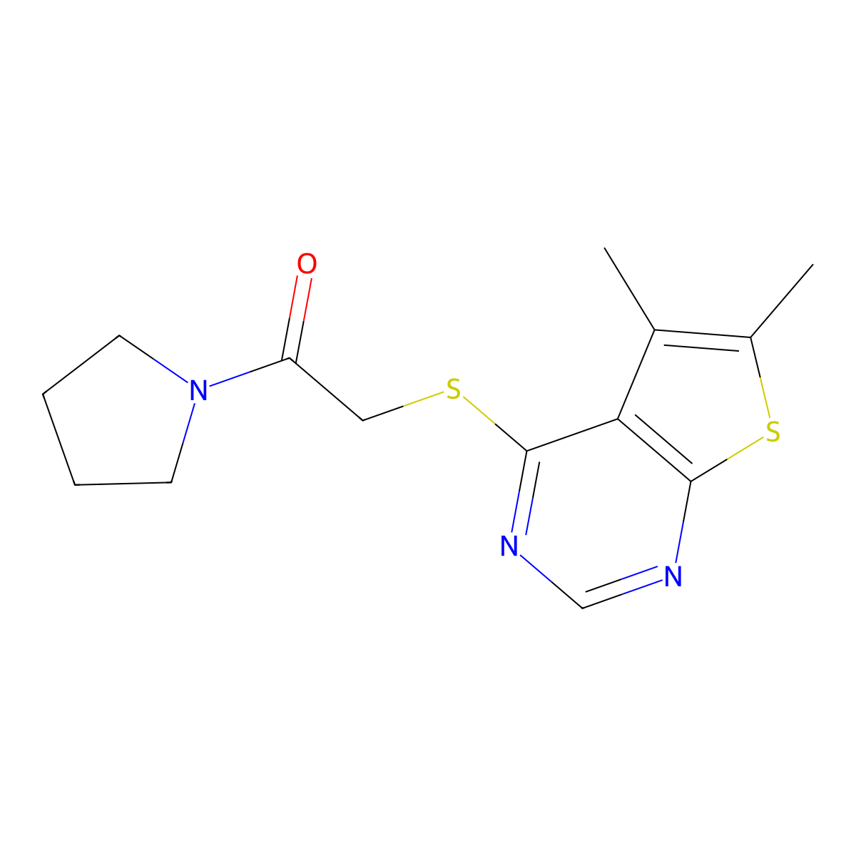 2-((5,6-Dimethylthieno[2,3-d]pyrimidin-4-yl)thio)-1-(pyrrolidin-1-yl)ethanone molecular structure, CAS 379239-56-2