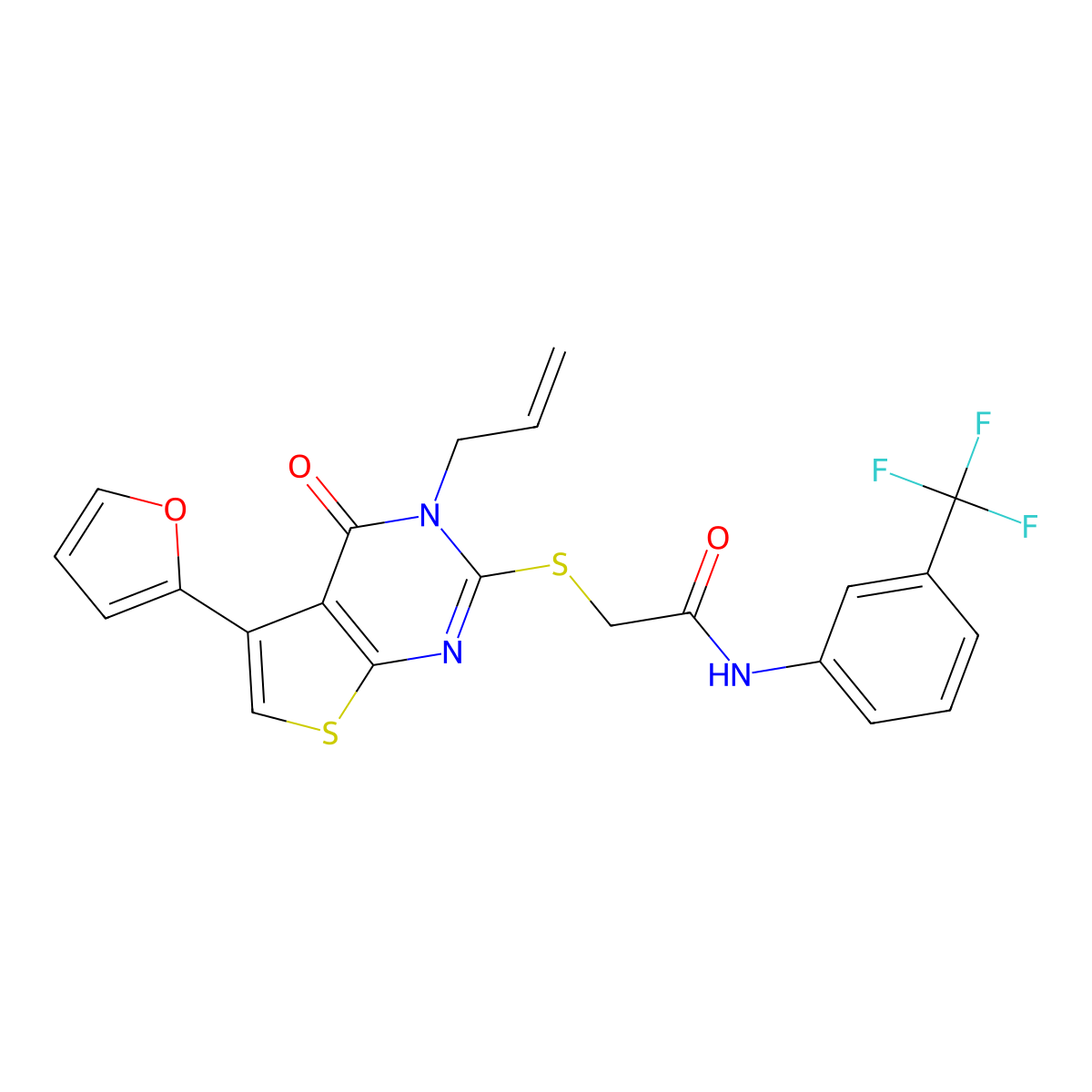2-((3-allyl-5-(furan-2-yl)-4-oxo-3,4-dihydrothieno[2,3-d]pyrimidin-2-yl)thio)-N-(3-(trifluoromethyl)phenyl)acetamide molecular structure, CAS 379239-58-4