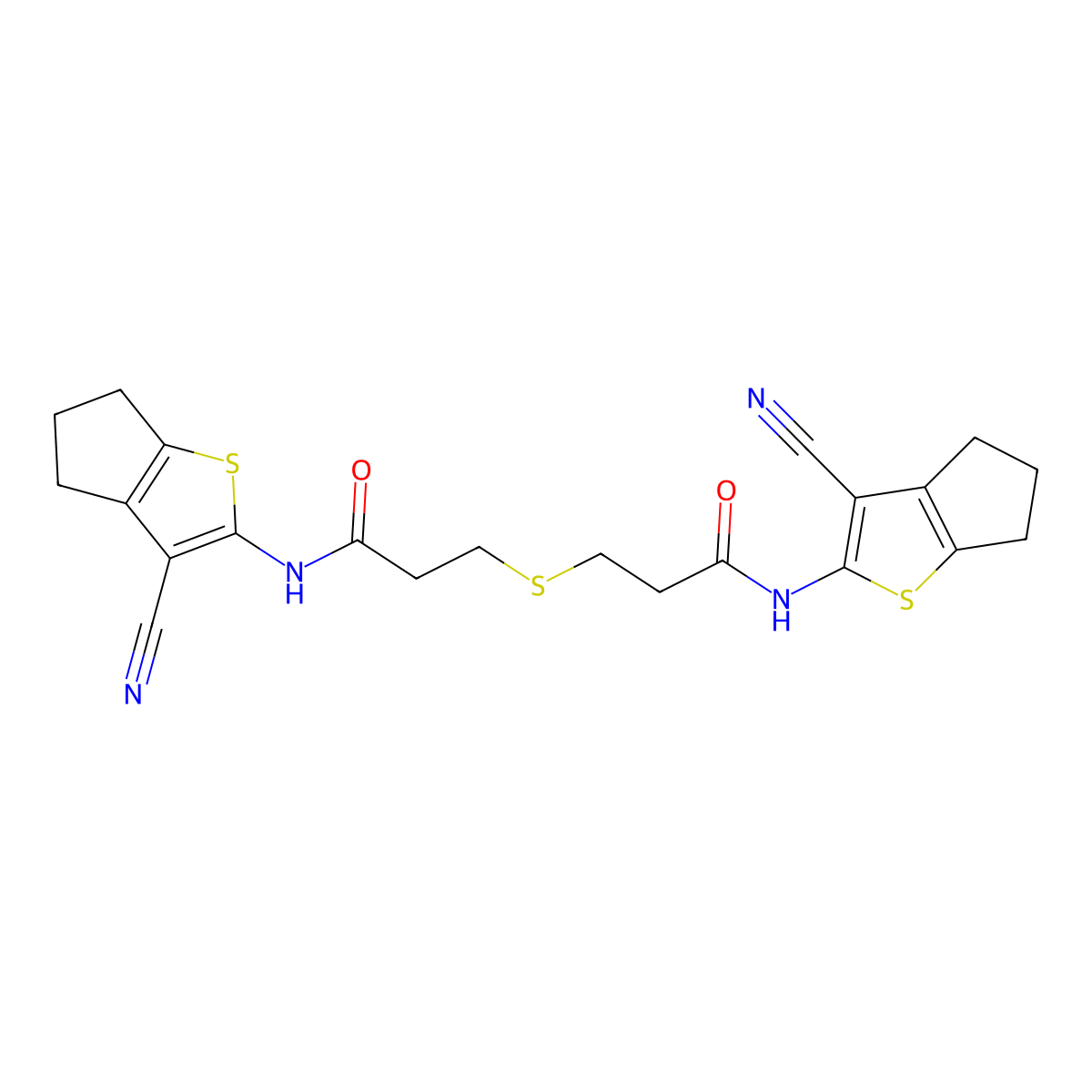 N-{3-Cyano-4H,5H,6H-cyclopenta[B]thiophen-2-YL}-3-{[2-({3-cyano-4H,5H,6H-cyclopenta[B]thiophen-2-YL}carbamoyl)ethyl]sulfanyl}propanamide molecular structure, CAS 379239-66-4