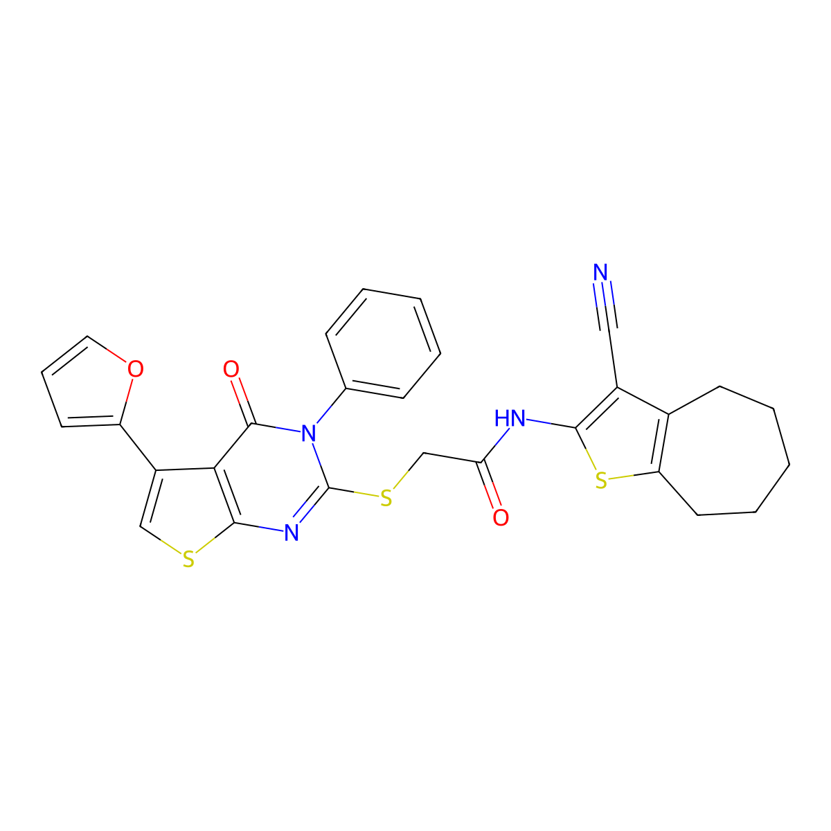 N-(3-cyano-5,6,7,8-tetrahydro-4H-cyclohepta[b]thiophen-2-yl)-2-[5-(furan-2-yl)-4-oxo-3-phenylthieno[2,3-d]pyrimidin-2-yl]sulfanylacetamide molecular structure, CAS 379239-67-5
