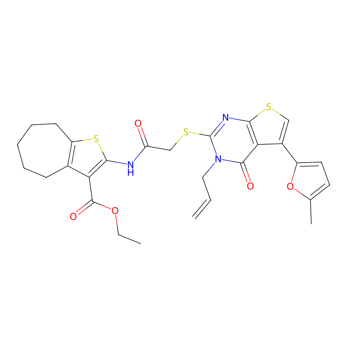 ethyl 2-[[2-[5-(5-methylfuran-2-yl)-4-oxo-3-prop-2-enylthieno[2,3-d]pyrimidin-2-yl]sulfanylacetyl]amino]-5,6,7,8-tetrahydro-4H-cyclohepta[b]thiophene-3-carboxylate molecular structure, CAS 379239-68-6