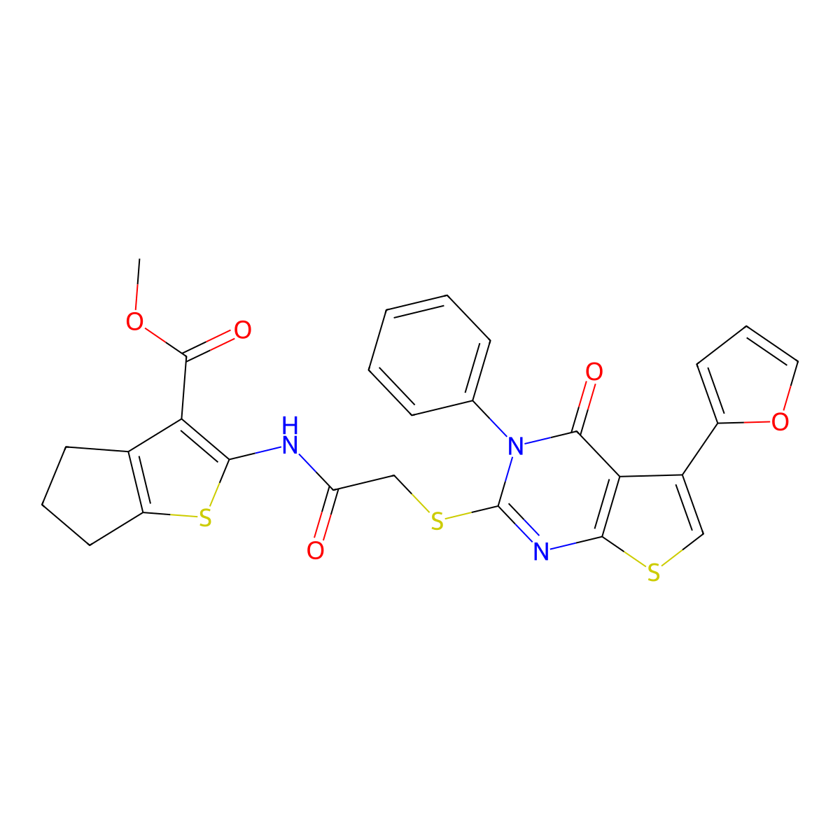 methyl 2-[[2-[5-(furan-2-yl)-4-oxo-3-phenylthieno[2,3-d]pyrimidin-2-yl]sulfanylacetyl]amino]-5,6-dihydro-4H-cyclopenta[b]thiophene-3-carboxylate molecular structure, CAS 379239-69-7