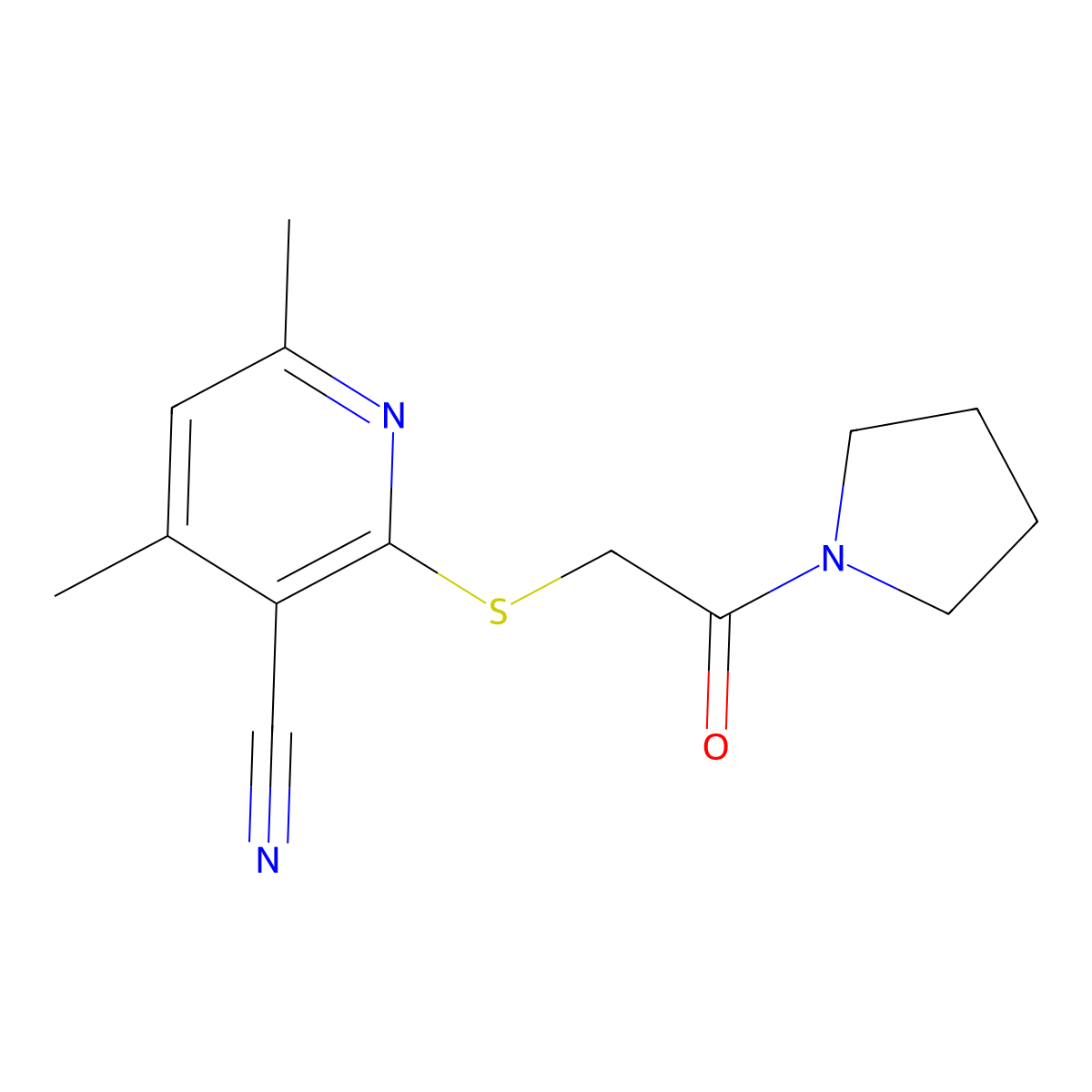 4,6-Dimethyl-2-((2-oxo-2-(pyrrolidin-1-yl)ethyl)thio)nicotinonitrile molecular structure, CAS 379239-73-3