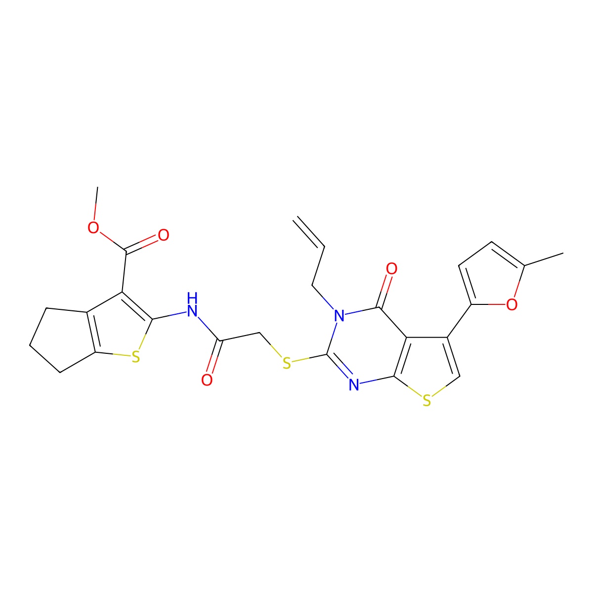 methyl 2-[[2-[5-(5-methylfuran-2-yl)-4-oxo-3-prop-2-enylthieno[2,3-d]pyrimidin-2-yl]sulfanylacetyl]amino]-5,6-dihydro-4H-cyclopenta[b]thiophene-3-carboxylate molecular structure, CAS 379239-74-4