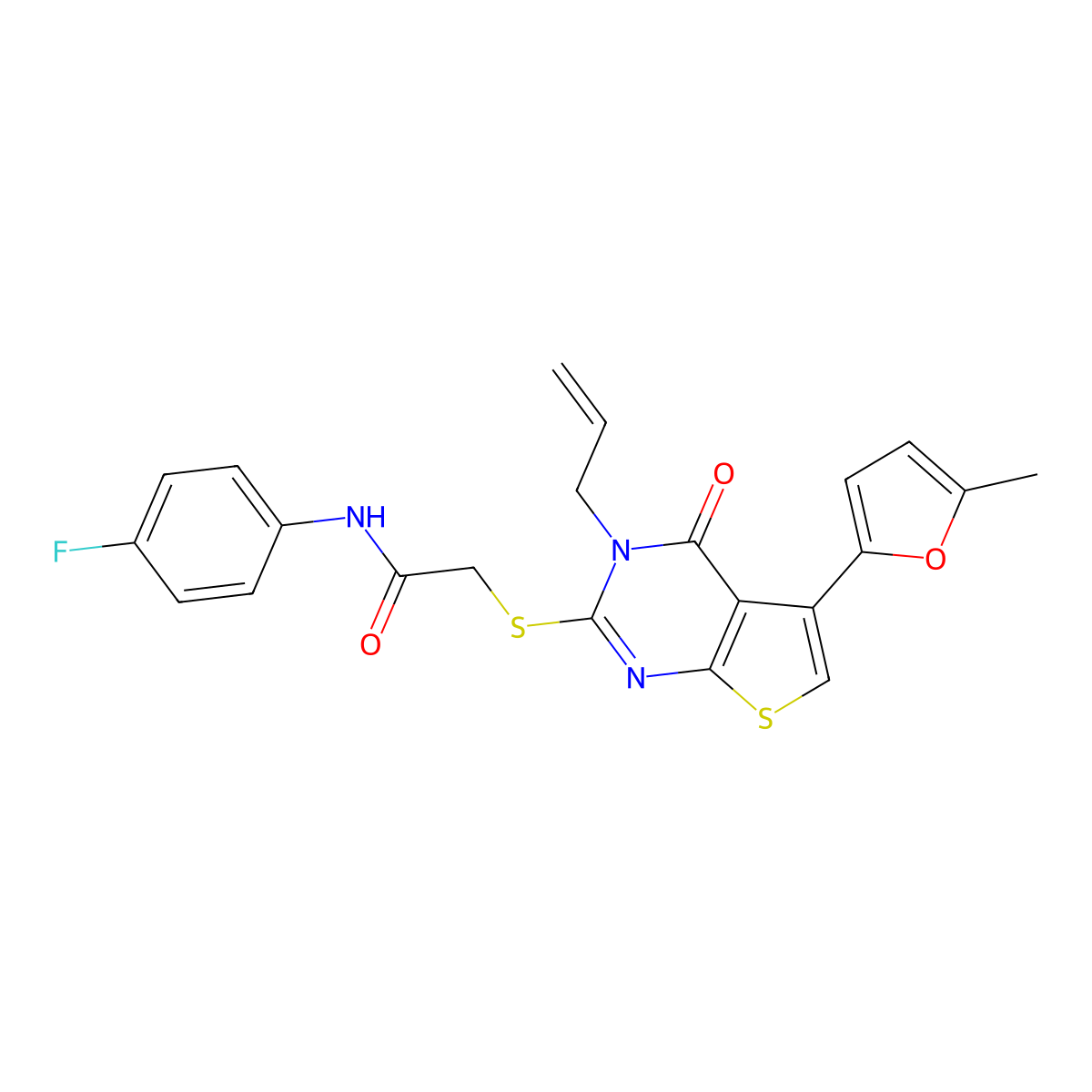 N-(4-fluorophenyl)-2-[5-(5-methylfuran-2-yl)-4-oxo-3-prop-2-enylthieno[2,3-d]pyrimidin-2-yl]sulfanylacetamide molecular structure, CAS 379241-62-0