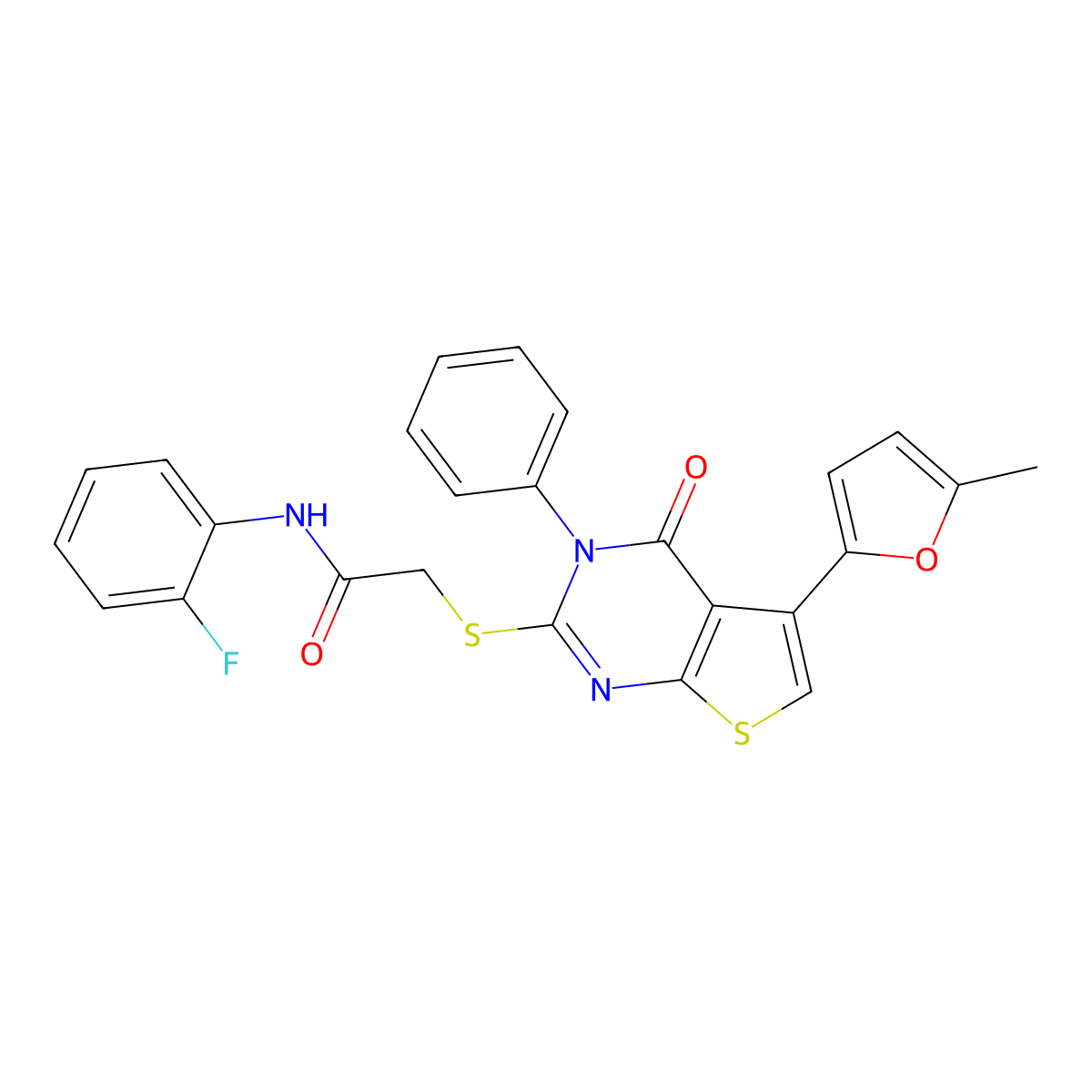 N-(2-fluorophenyl)-2-[5-(5-methylfuran-2-yl)-4-oxo-3-phenylthieno[2,3-d]pyrimidin-2-yl]sulfanylacetamide molecular structure, CAS 379241-63-1